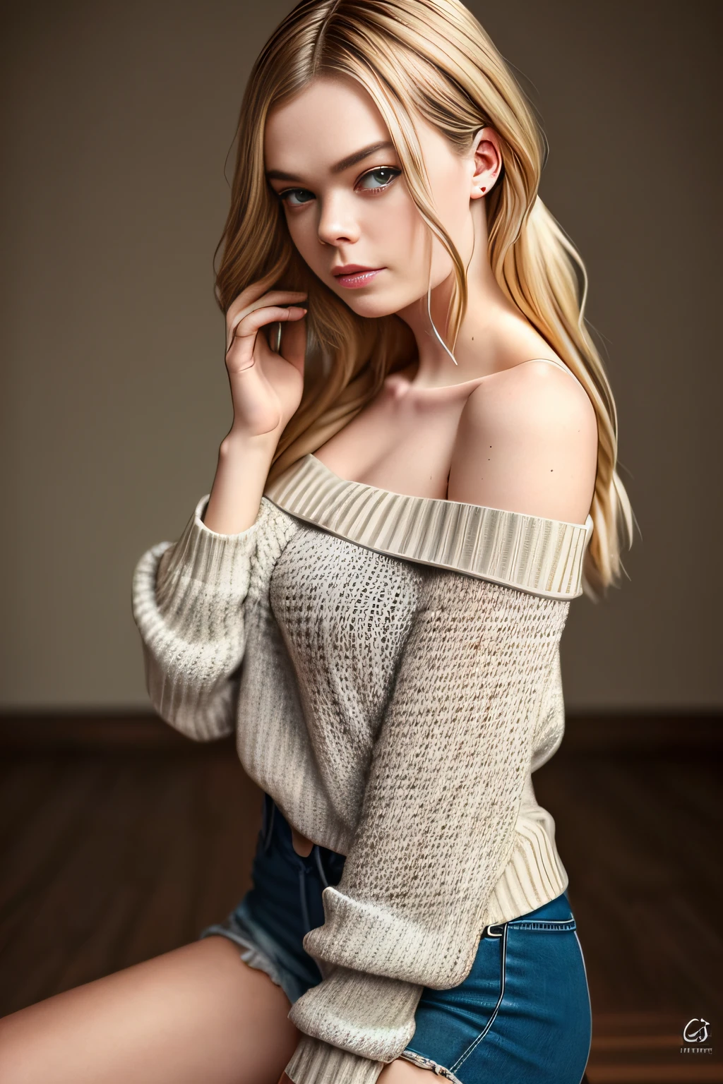 mulher jovem bonita (Elle Fanning), cabelo bonito, cabelo loiro, rosto sexy, pose sensual, (cabelo comprido), maquiagem elegante, ((dos joelhos para cima)), ((corpo inteiro)), textura natural da pele, (Stylish off-shoulder sweater with a strap), 24 mm, Texturas 4k, soft  Cinematic Light, Adobe Lightroom, photolab, HDR, intrincado, elegante, altamente detalhado, foco nítido, ((((cinematic look)))), tons suaves, detalhes insanos, detalhes intrincados, hiperdetalhado, baixo contraste, soft  Cinematic Light, exposure blending, HDR, ((delineador:1.1))