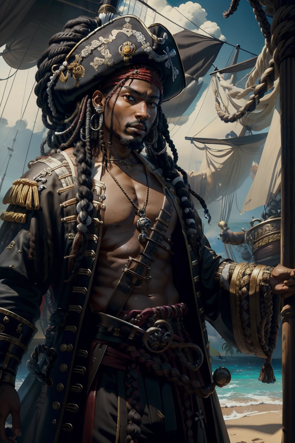 Braided-haired black pirate inspired by Yasuke