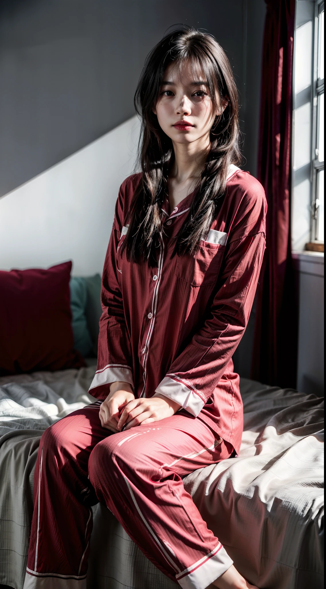 (1girl), solo, messy-long_hair, wearing(red-pyjamas), photo(medium-shot), sitting, (pov, blurry_background:1.5), background(black, bed, bedroom, windows), natural-lighting, (photorealistic, absurdres, best_quality:1.55),