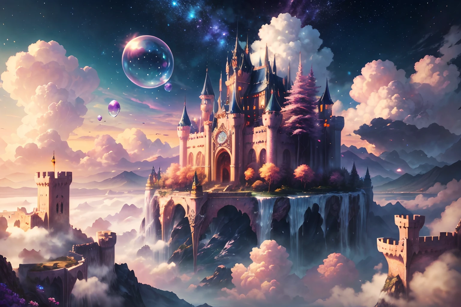 Generate a realistic fantasy landscape with beautiful, ornate romantic buildings, floating islands, crystalline waterfalls streaming from the floating islands, and a dreamy landscape of highly detailed flowers and dreamy watercolors. This is the (((romantic))) realm of the gods. (((The castles look like they are carved from shimmering marble, with distinct and complex details adding to their realism.))) Cotton candy clouds wisp into beautiful glittering stars across the colorful sky, with mesmerizing pink and purple celestial lights creating an enchanting atmosphere. Include many different levels and high visual interest. The environment is large and awe-inspiring, and this is a macro shot. The general ambience is peace, tranquility, and highly detailed sweetness. Include interesting fantasy elements with colors that complement the rest of the landscape. The sky should be very detailed. The landscape should very detailed. All buildings should be ornate with complex and intricate details. Include a luminous and magical atmosphere, magic bubbles, shimmering colors, many small fantasy details including iridescence, expertly created majestic landscapes, and shimmer and glimmer. Include lots of vibrant colors and vaguely surreal details. Camera: Utilize dynamic composition to create interest and excitement. CGI, unreal engine, unity engine, (((masterpiece))), high resolution, 8k, best quality, high quality, highres, 16, RAW, ultra highres, ultra details, finely detail, an extremely delicate and beautiful, extremely detailed, real shadow, anime, highly detailed painted, award-winning glamour painting, wonderful painting, art style, stylized