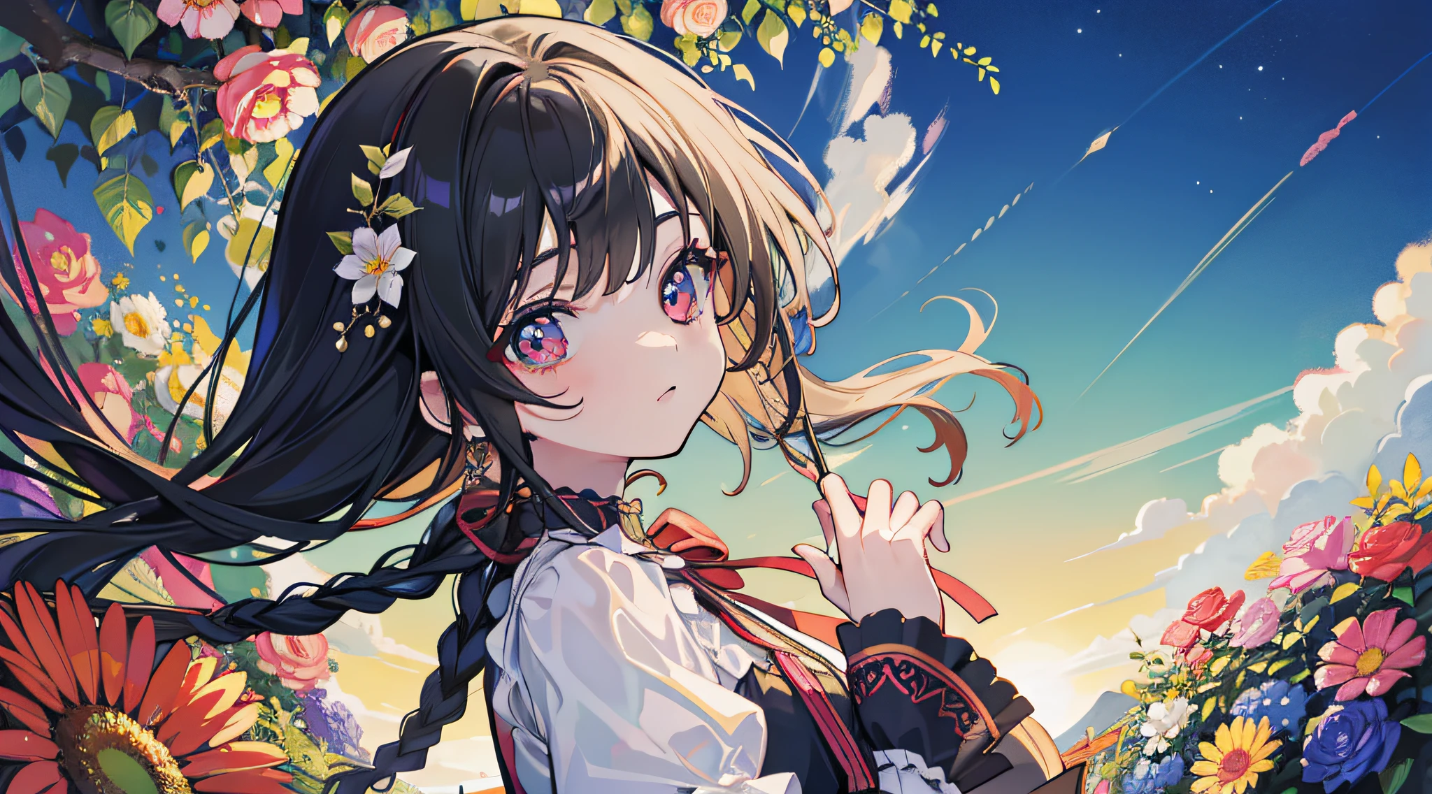 tmasterpiece,Highest image quality,super detailing,A high resolution,high saturated,Lighting effects,and the sun was shining brightly,garden with colorful flowers。,Antique characters,Faraway view。one-girl,The face is delicate,There are big eyes of God,Black hair,Details coiled,long braid,Black eyelashes,Look up,DOA ,Creative warm color dress。