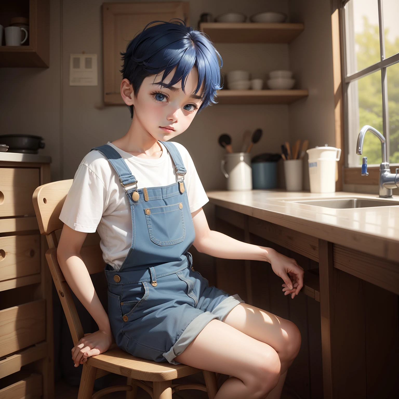 The boy sat on a stool,Wearing blue overalls,Short hair is neatly combed。