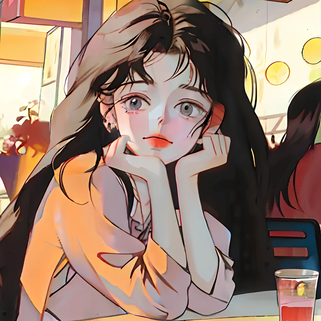 Anime boy sitting at a table,There was a drink in front of him, Lofe Boy, Loepfe boy aesthetics, 9 0 s anime aesthetic, Praise Artstyle, animeaesthetic, lofi portrait, Retro anime boy, anime vibes, lofi aesthetics, 9 0 s anime art style, lofi feel, lofi, Lofi art, 9 0 s anime style