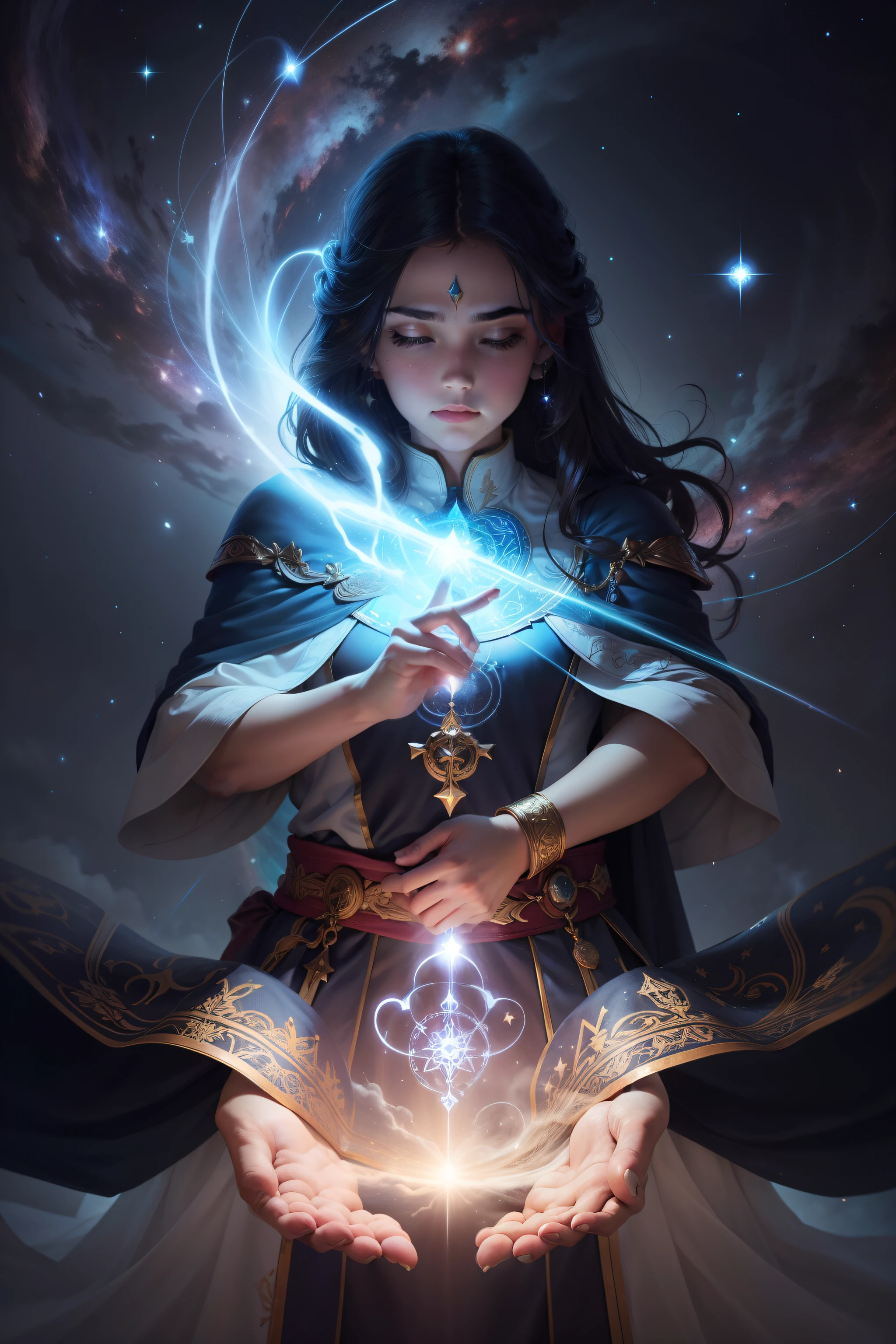 The magician traced mystical symbols in the air writing the power of prayers, conectando sua energia, canalizando o poder das estrelas acima. Em um brilho intenso, um majestoso celestial surgiu, suas asas desferindo ventos divinos que dispersaram as trevas e sombras circundantes.