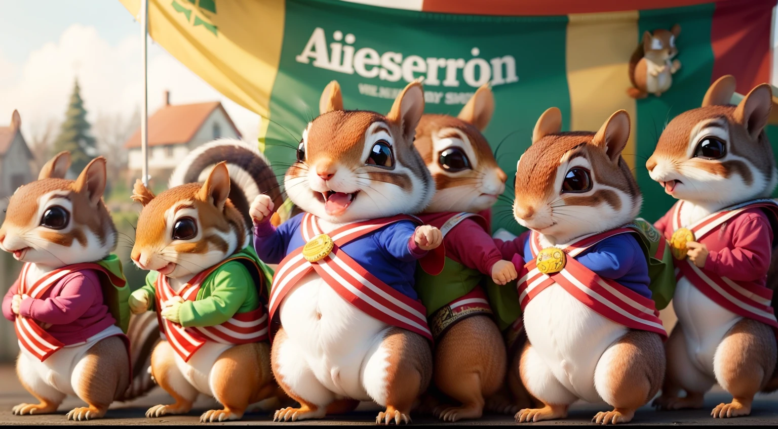 Squeaky the squirrel proudly wearing a sash that reads "Giggle Ambassador," surrounded by his friends and the towns human, all sharing a joyful moment.