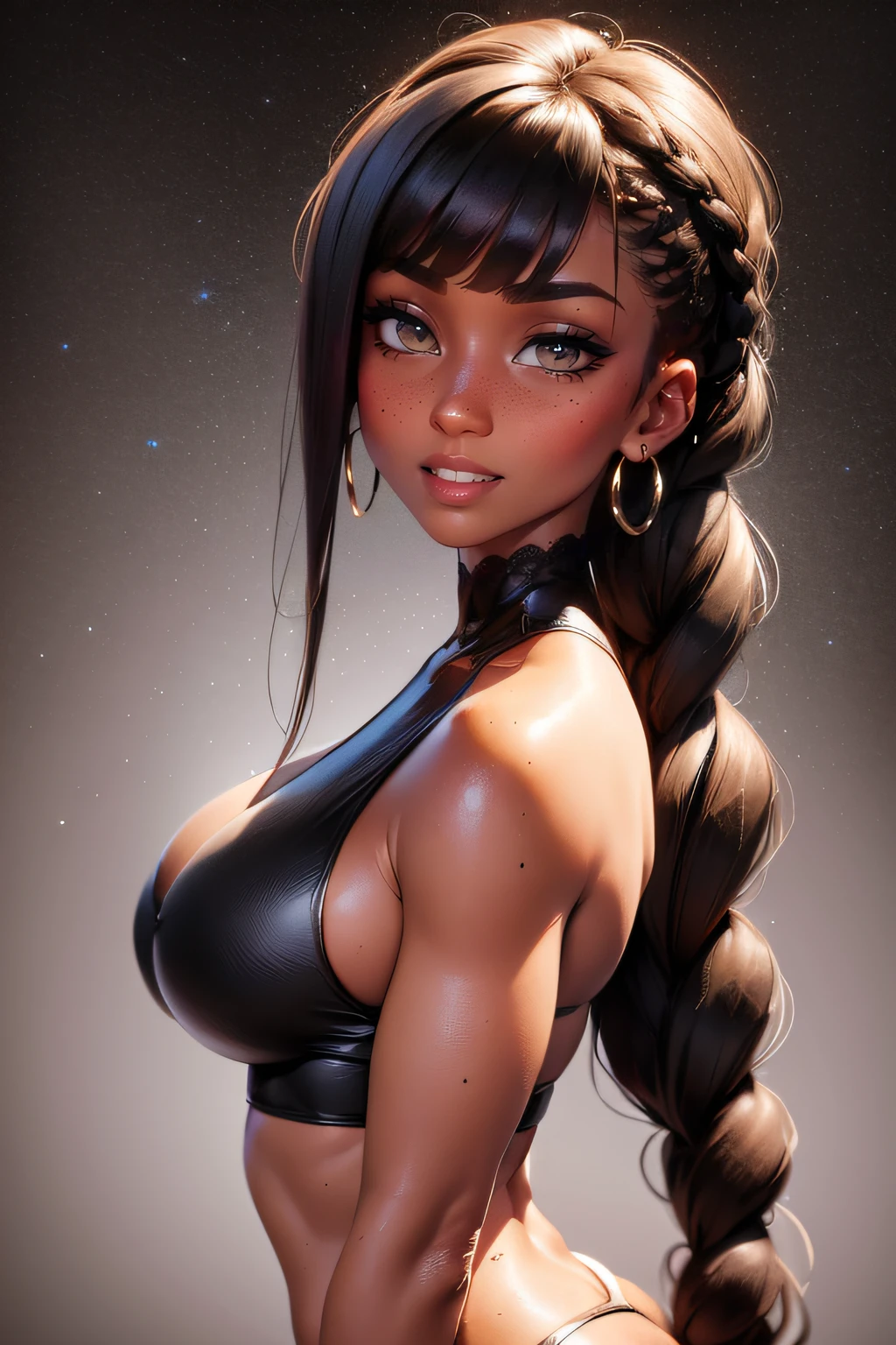 ((full body: 1.2)), ((dark skin: 1.2)), highres, masterpiece, perfect lighting, bloom, night, dark, cinematic lighting, adult, perfect skin, female, looking at viewer, portrait, upper body, simple background, black background, (RSEEmma:1.5),nude, naked, breasts, nipples, parted bangs, blue hair, freckles, very long hair, long braided, :), smile,