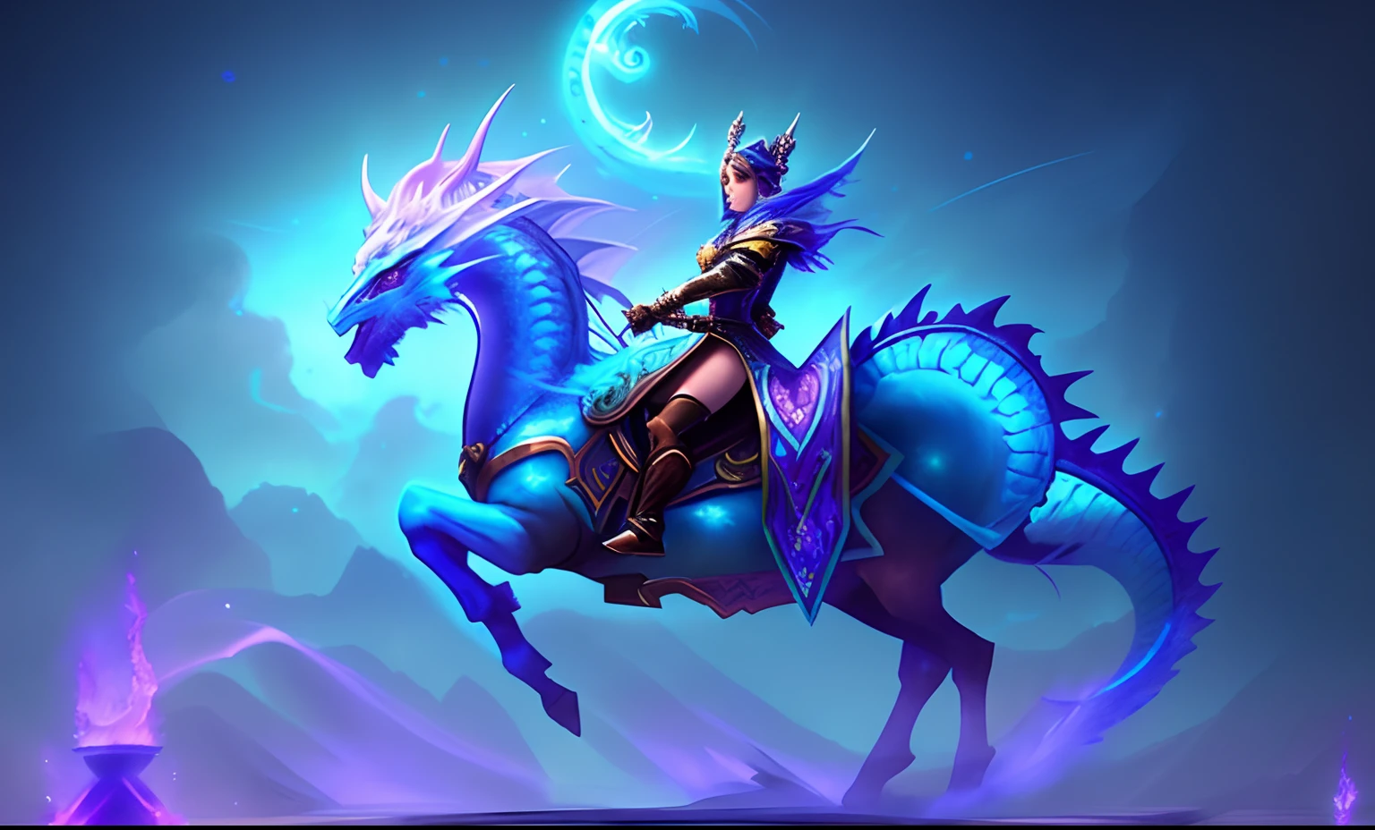 A woman riding a horse with a dragon on it.., epic fantasy art style hd, epic fantasy digital art style, epic fantasy art style, detailed fantasy art, detailed digital 2d fantasy art, detailed fantasy digital art, dragon inspired blue armor, cyan chinese dragon fantasy, beautiful celestial mage, High-quality fantasy art, Hearthstone Fantasy Art Style, fantasy art style