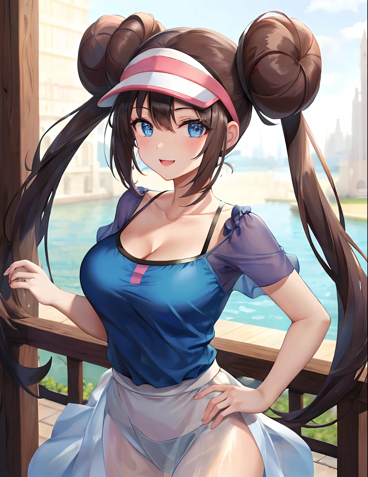 (masterpiece:1.3), (absurdres:1.3), (best quality:1.3), (ultra-detailed:1.3),(best shadow:0.7), (handled hair), perfect anatomy, 1girl, solo, rosa(pokemon), double bun, visor cap, hair bun, long_twintails, brown hair, blue eyes, hair between eyes, large breasts, sightly smile, nuisette, wearing a nuisette, see-through, see-through silhouette, revealing clothes,