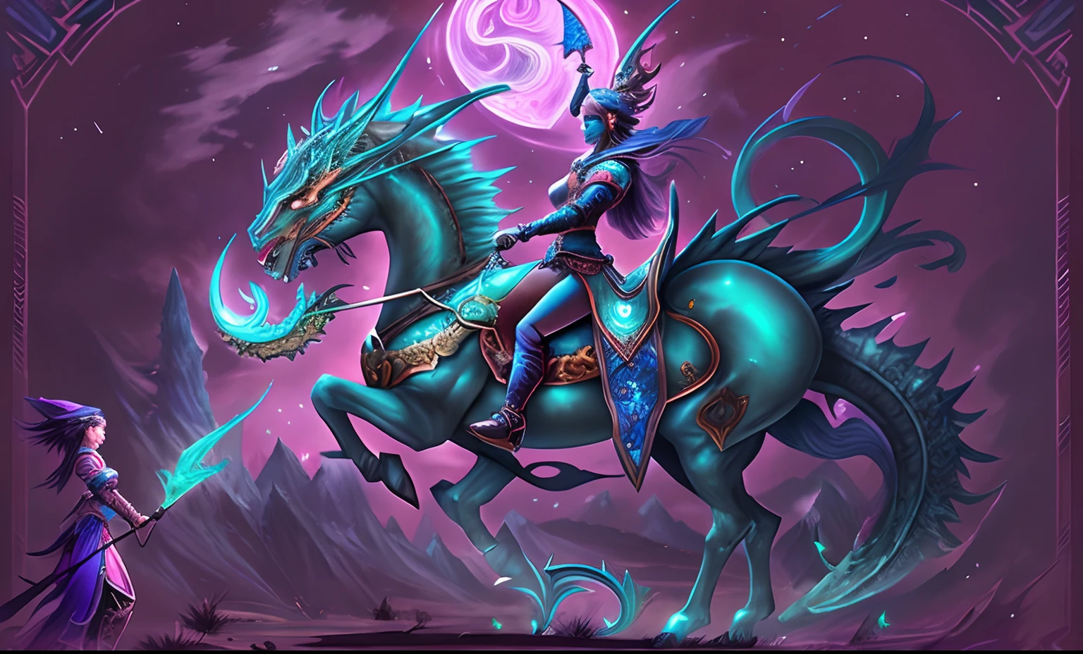 A woman riding a horse with a dragon on it.., epic fantasy art style hd, epic fantasy digital art style, epic fantasy art style, detailed fantasy art, detailed digital 2d fantasy art, detailed fantasy digital art, dragon inspired blue armor, cyan chinese dragon fantasy, beautiful celestial mage, High-quality fantasy art, Hearthstone Fantasy Art Style, fantasy art style