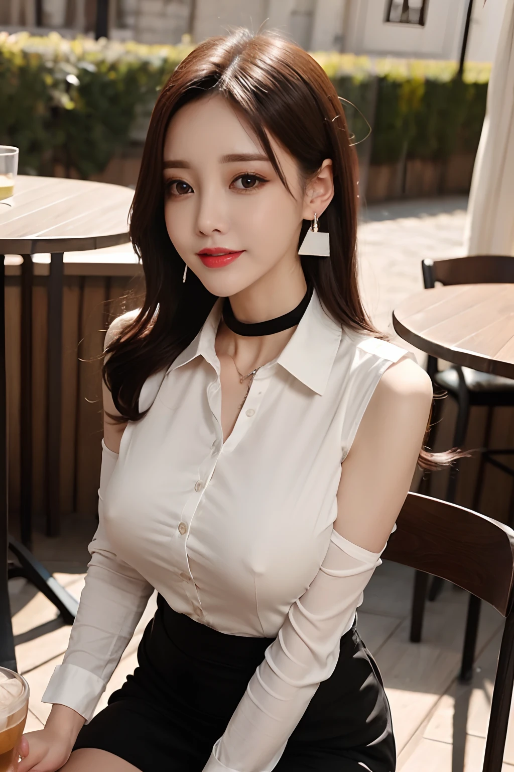 top-quality, ​masterpiece, 超A high resolution, 1girl in, Shirt blouse with collar,Sleeveless、Sitting on a chair、Triangular earrings、Makeup thinning、natural make up、huge tit、cafe terrace、The table、Drink、a smile