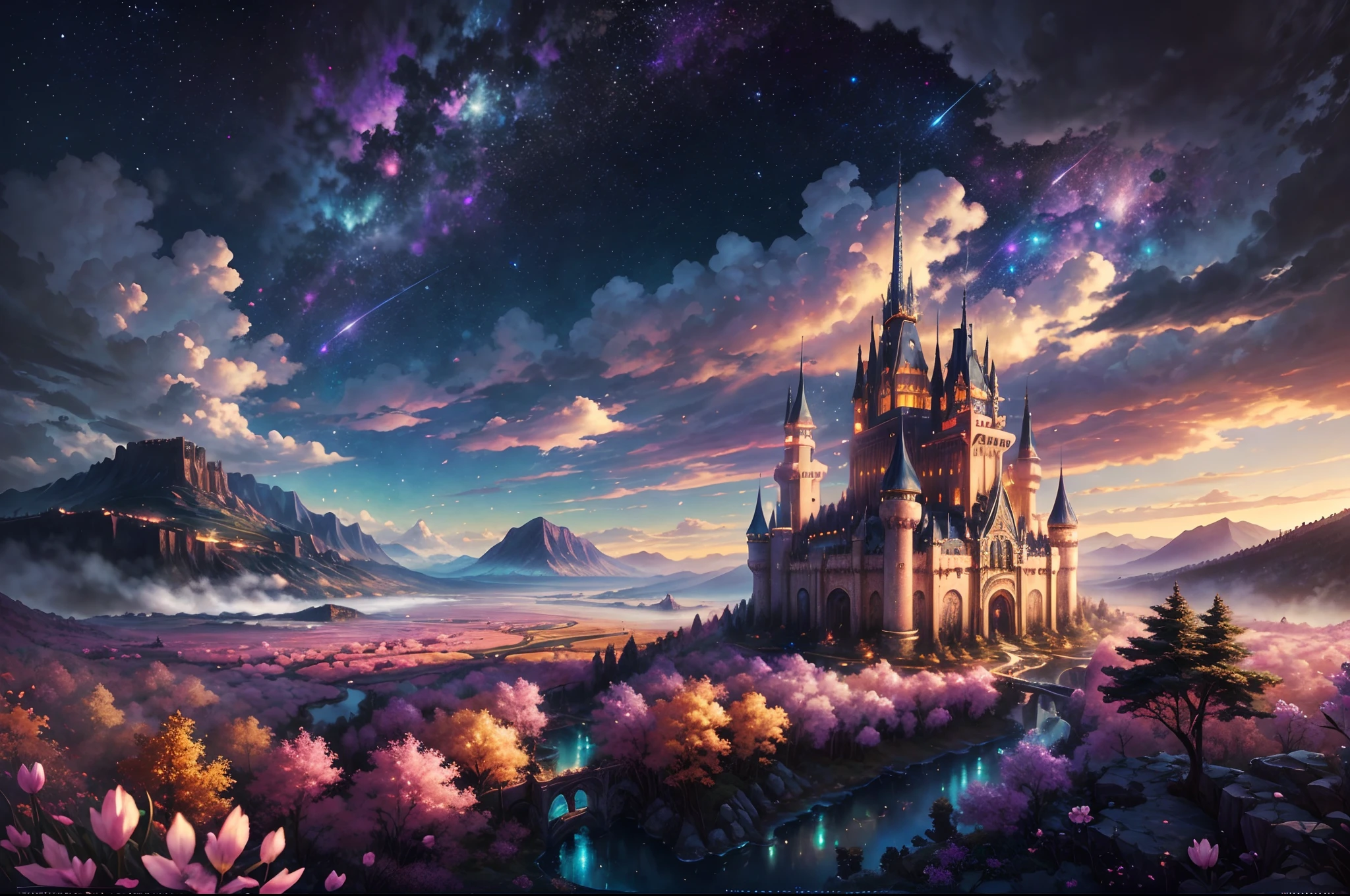 Generate a realistic fantasy landscape with beautiful, ornate romantic buildings, floating islands, crystalline waterfalls streaming from the floating islands, and a dreamy landscape of highly detailed flowers and dreamy watercolors. This is the (((romantic))) realm of the gods. (((The castles look like they are carved from shimmering marble, with distinct and complex details adding to their realism.))) Cotton candy clouds wisp into beautiful glittering stars across the colorful sky, with mesmerizing pink and purple celestial lights creating an enchanting atmosphere. Include many different levels and high visual interest. The environment is large and awe-inspiring, and this is a macro shot. The general ambience is peace, tranquility, and highly detailed sweetness. Include interesting fantasy elements with colors that complement the rest of the landscape. The sky should be very detailed. The landscape should very detailed. All buildings should be ornate with complex and intricate details. Include a luminous and magical atmosphere, magic bubbles, shimmering colors, many small fantasy details including iridescence, expertly created majestic landscapes, and shimmer and glimmer. Include lots of vibrant colors and vaguely surreal details. Camera: Utilize dynamic composition to create interest and excitement. CGI, unreal engine, unity engine, (((masterpiece))), high resolution, 8k, best quality, high quality, highres, 16, RAW, ultra highres, ultra details, finely detail, an extremely delicate and beautiful, extremely detailed, real shadow, anime, highly detailed painted, award-winning glamour painting, wonderful painting, art style, stylized