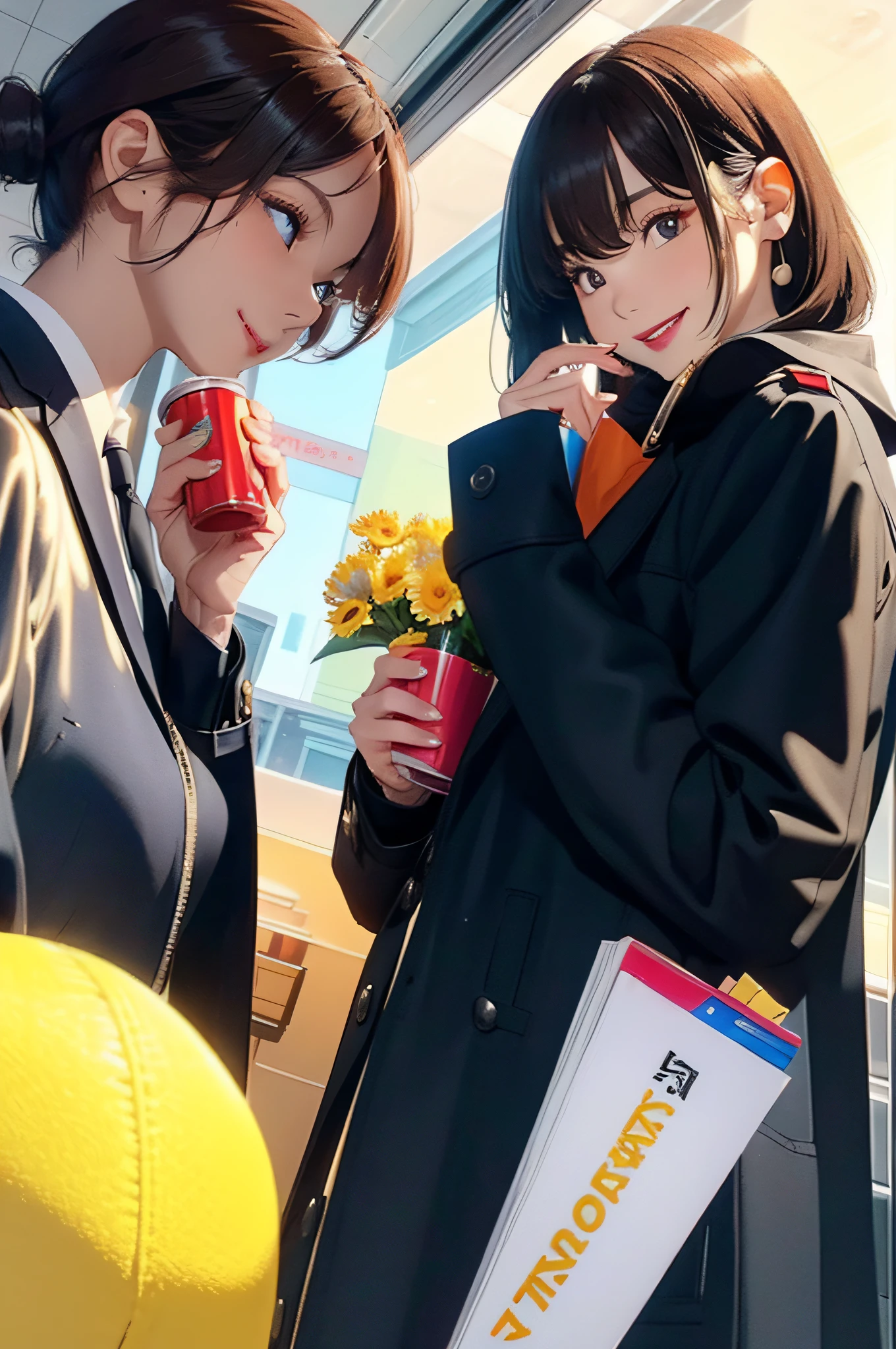 A female college student，Sunny and cheerful，Compare the handsomeness，Liso is capable，Sharp eyes，The bridge of the nose is high，Wearing a black upright coat，Slightly exposed a little chest，Beautiful，A mole dotted at the corner of his eye，A pair of lying silkworm eyebrows，Apply lipstick，With earrings，Life seems solemn