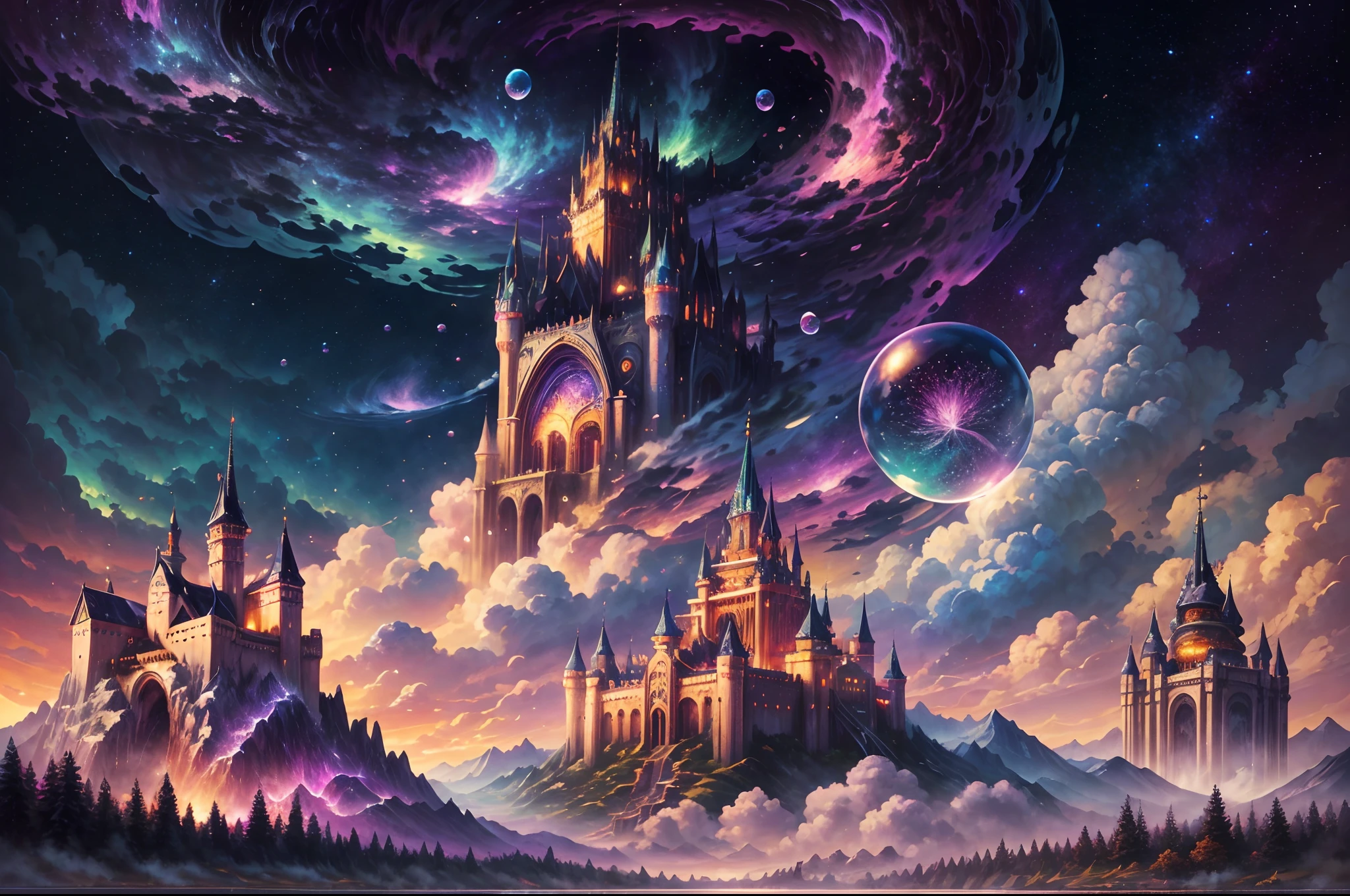 Generate a realistic fantasy landscape with beautiful, ornate romantic buildings, floating islands, crystalline waterfalls streaming from the floating islands, and a dreamy landscape of highly detailed flowers and dreamy watercolors. This is the (((romantic))) realm of the gods. (((The castles look like they are carved from shimmering marble, with distinct and complex details adding to their realism.))) Cotton candy clouds wisp into beautiful glittering stars across the colorful sky, with mesmerizing pink and purple celestial lights creating an enchanting atmosphere. Include many different levels and high visual interest. The environment is large and awe-inspiring, and this is a macro shot. The general ambience is peace, tranquility, and highly detailed sweetness. Include interesting fantasy elements with colors that complement the rest of the landscape. The sky should be very detailed. The landscape should very detailed. All buildings should be ornate with complex and intricate details. Include a luminous and magical atmosphere, magic bubbles, shimmering colors, many small fantasy details including iridescence, expertly created majestic landscapes, and shimmer and glimmer. Include lots of vibrant colors and vaguely surreal details. Camera: Utilize dynamic composition to create interest and excitement. CGI, unreal engine, unity engine, (((masterpiece))), high resolution, 8k, best quality, high quality, highres, 16, RAW, ultra highres, ultra details, finely detail, an extremely delicate and beautiful, extremely detailed, real shadow, anime, highly detailed painted, award-winning glamour painting, wonderful painting, art style, stylized