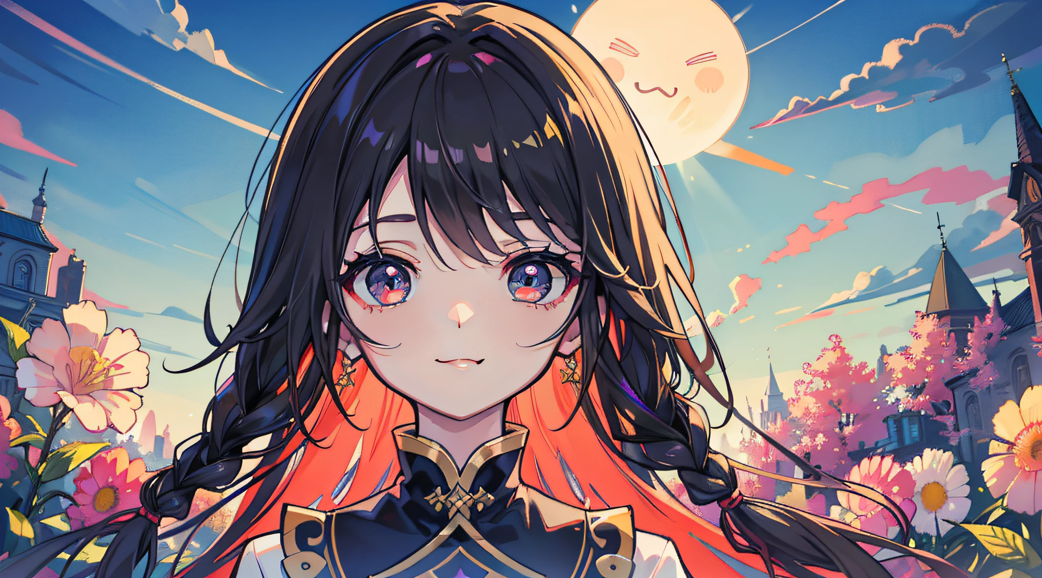 tmasterpiece,Highest image quality,super detailing,A high resolution,high saturated,Lighting effects，and the sun was shining brightly，garden with colorful flowers。，Antique characters，Faraway view。one-girl，The face is delicate，There are big eyes of God，Happy smile，Close one eye，Black eyes, hair，Details coiled，long braid,Black eyelashes，Look up，DOA ，Creative warm color dress。