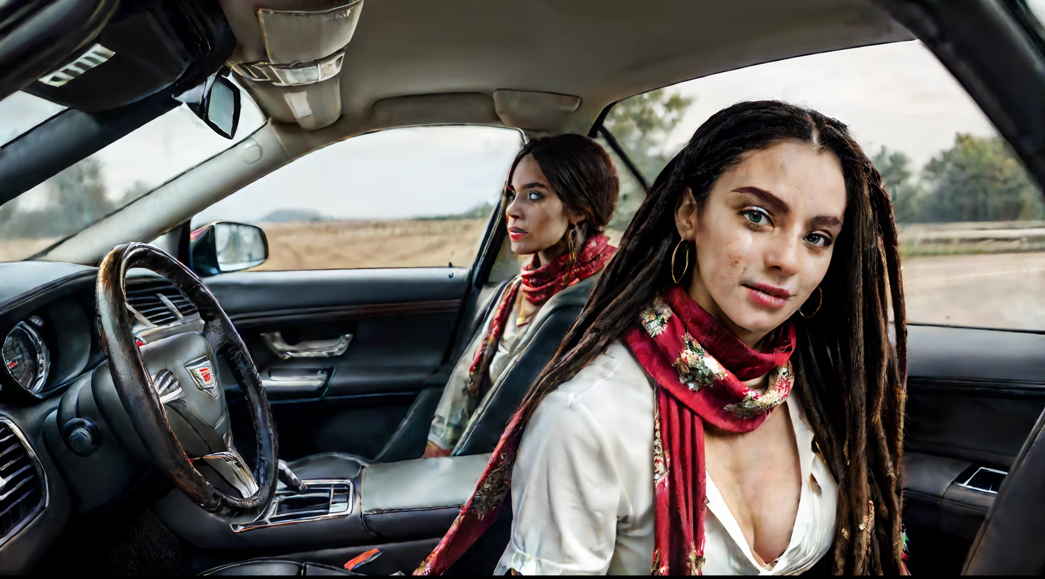 (Masterpiece: 1.3), (8k, Photorealistic, Photo RAW, Best quality: 1.4), (UHD), (Ultra high realism), (Ultra high definition), (Ultra high detail), (Increase contrast), (Increase saturation), (Hyperrealistic: 1.3), (((1girl:1.3))), A pretty woman, ((20 years old)), with a perfect figure: 1. 4, Cute face, Beautiful face, (Realistic face), (first_person_view), solo_full body,long-focus, ((seductive smile)), Beautiful hairstyle, Realistic Bright Bright Light Green Eyes, Beautiful details, (Realistic skin), Attractive, Ultra high definition, Ultra realistic, Very detailed, (Large breasts: 1.3), (Cleavage: 0.8), Dark-skinned African-American woman, ((Pose: Sitting in the driver's seat, with both hands relaxed in 10 o'clock and 2 o'clock position on the steering wheel of a car ((Cadillac El Dorado)), has gaze lost in the road with thoughtful expression. Hair and clothes moving in the breeze as he drives)), the background is a Sunset on a country road with trees on the sides, (Hair in long curly dreadlocks to waist length black, large breasts: 1.3), (Neckline), Wearing small gold hoop earrings, Natural makeup and nude nails, ((Slim figure: 1. 2)), (Toned waist), firm and curvaceous buttocks, ((body measurements: 1.68 meters tall and the relationship between bust, weight and waist and hip measurements 99 x 63 x 91 cm)), ((plunging neckline)), ((Short sleeve blouse with floral print, denim shorts ripped at the thighs, a red scarf tied at the neck and a red scarf at the back)), ((Short sleeve blouse with floral print, denim shorts ripped at the thighs, a red scarf tied at the neck and a red scarf at the back of the body)).