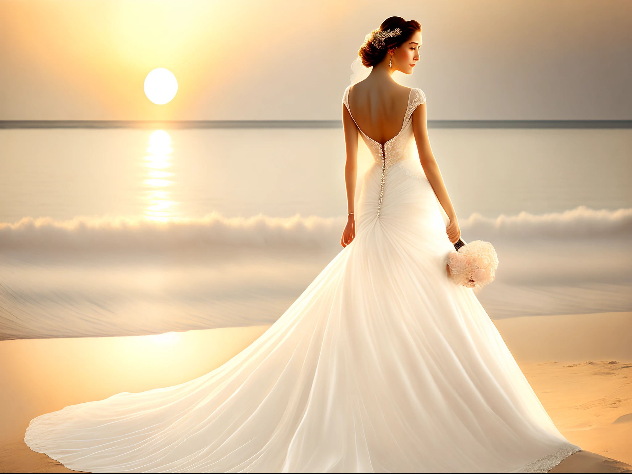 In the setting sun，Beach side，Beautiful adult woman in wedding dress，Graceful figure，As graceful as a swan