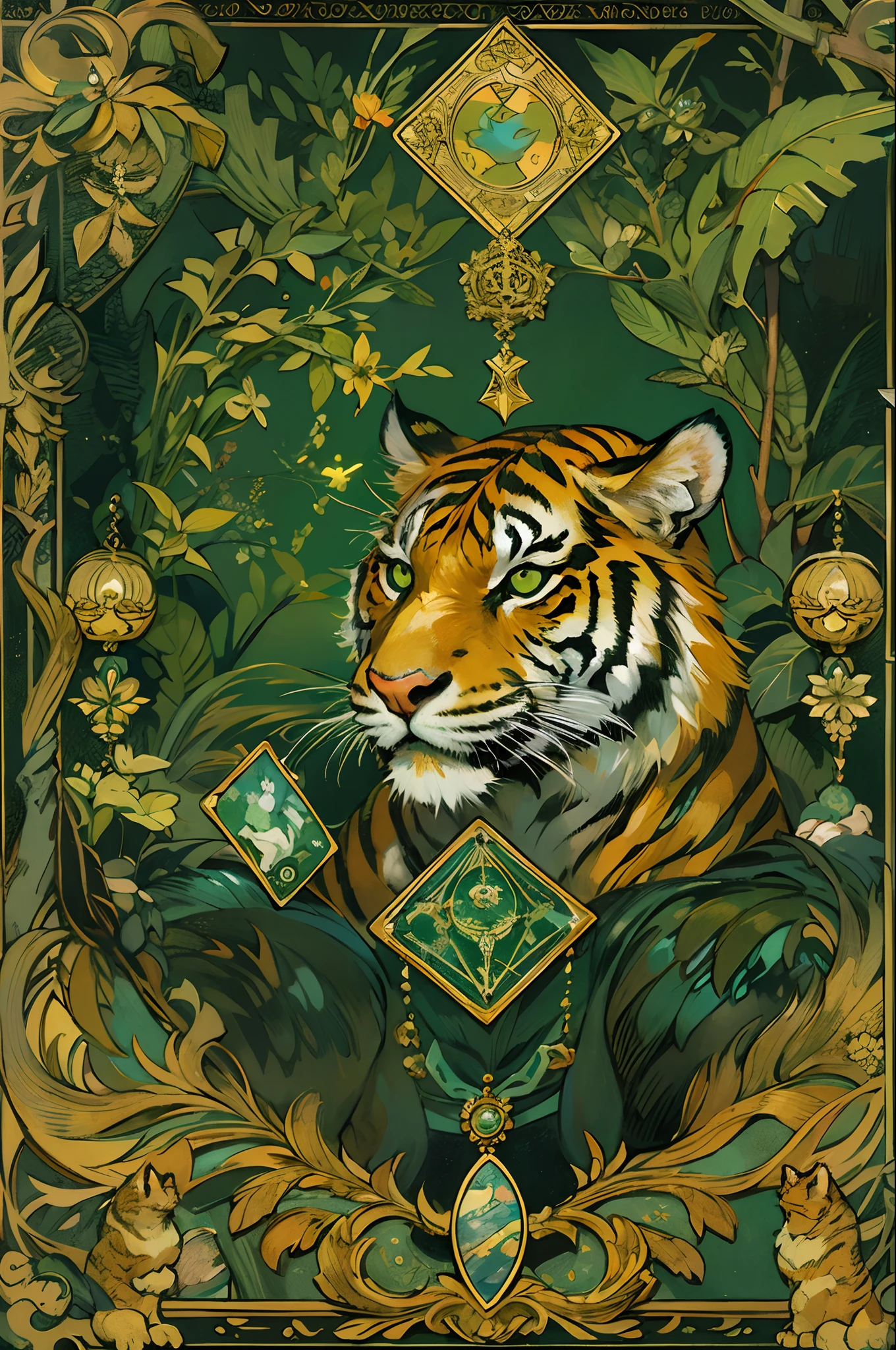 tiger + tarot card + jewels + gold + jewels + green + dark background + ornament.ogg + plain + james jean + parkesby + van gogh
