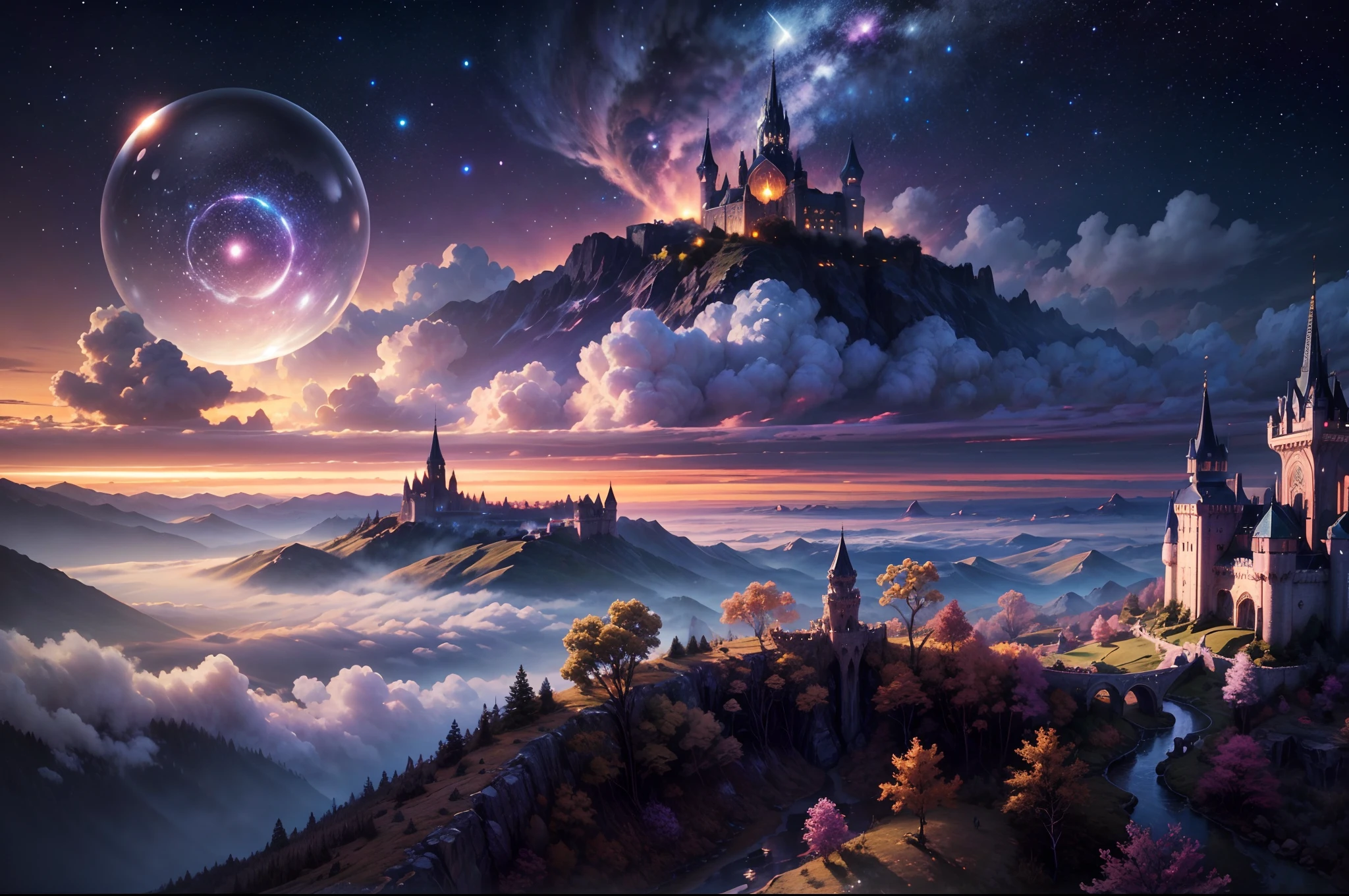 Generate a realistic (nighttime) fantasy landscape with beautiful, ornate romantic buildings, floating islands, crystalline waterfalls streaming from the floating islands, and a dreamy landscape of highly detailed flowers and dreamy watercolors. This is the (((romantic))) realm of the gods. (((The castles look like they are carved from shimmering marble, with distinct and complex details adding to their realism.))) Cotton candy clouds wisp into beautiful glittering stars across the colorful sky, with mesmerizing pink and purple celestial lights creating an enchanting atmosphere. Include many different levels and high visual interest. The environment is large and awe-inspiring, and this is a macro shot. The general ambience is peace, tranquility, and highly detailed sweetness. Include interesting fantasy elements with colors that complement the rest of the landscape. The sky should be very detailed. The landscape should very detailed. All buildings should be ornate with complex and intricate details. Include a luminous and magical atmosphere, magic bubbles, shimmering colors, many small fantasy details including iridescence, expertly created majestic landscapes, and shimmer and glimmer. Include lots of vibrant colors and vaguely surreal details. Camera: Utilize dynamic composition to create interest and excitement. CGI, unreal engine, unity engine, (((masterpiece))), high resolution, 8k, best quality, high quality, highres, 16, RAW, ultra highres, ultra details, finely detail, an extremely delicate and beautiful, extremely detailed, real shadow, anime, highly detailed painted, award-winning glamour painting, wonderful painting, art style, stylized