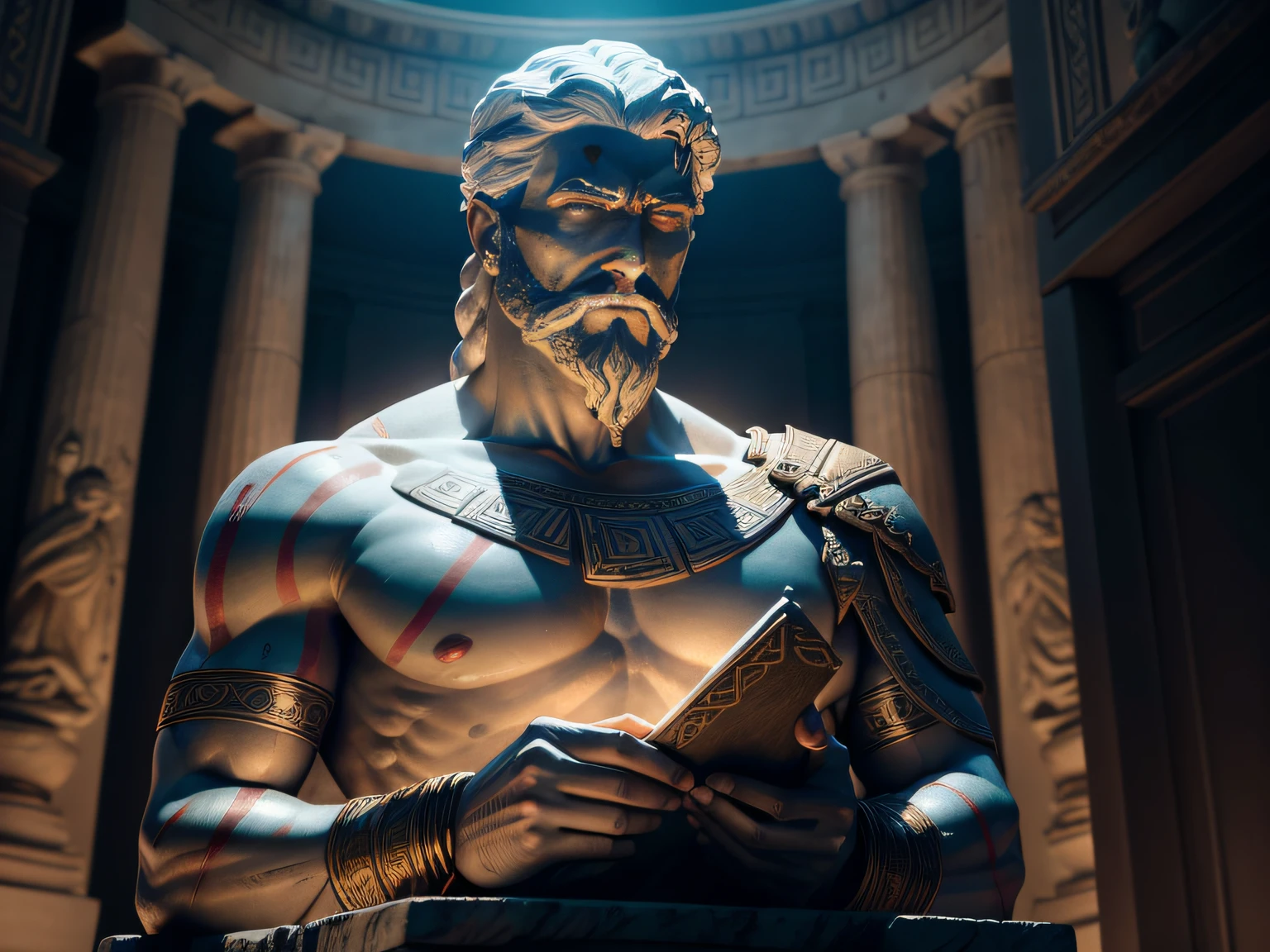 Illustrate an impactful 8K scene portraying a revered Greek thinker from the 3rd century BC, portrayed as a statue in the epic style of 'God of War'. Place the statue in an atmosphere of suspenseful darkness, with blurred surroundings and grandiose lighting that casts intricate and engaging shadows. The image should evoke the intensity of an epic adventure.