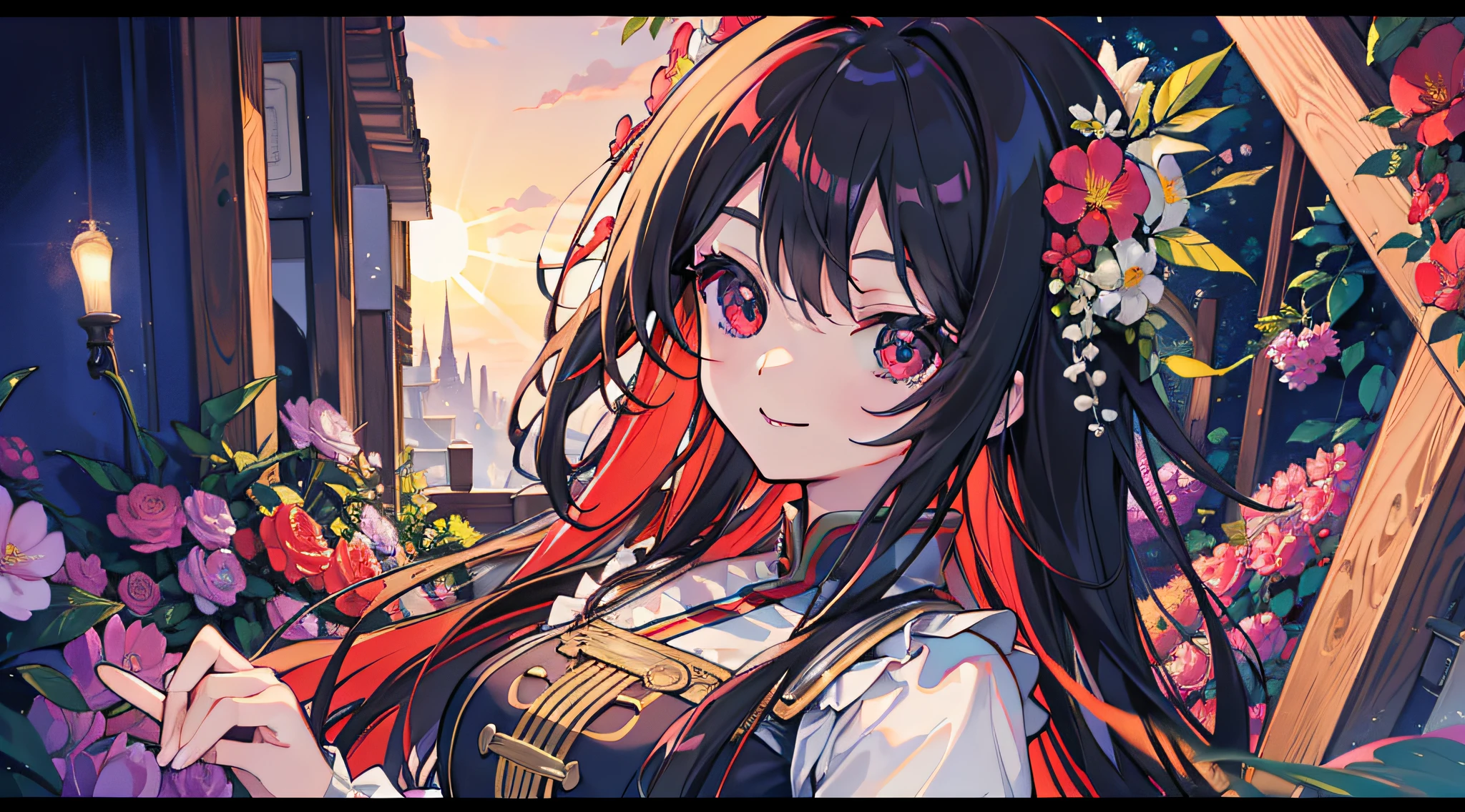 tmasterpiece,Highest image quality,super detailing,A high resolution,high saturated,Lighting effects,and the sun was shining brightly,garden with colorful flowers。,Antique characters,Faraway view。one-girl,The face is delicate,There are big eyes of God,Happy smile,Close one eye,Black eyes, hair,Details coiled,long braid,Black eyelashes,Look up,DOA ,Creative warm color dress。