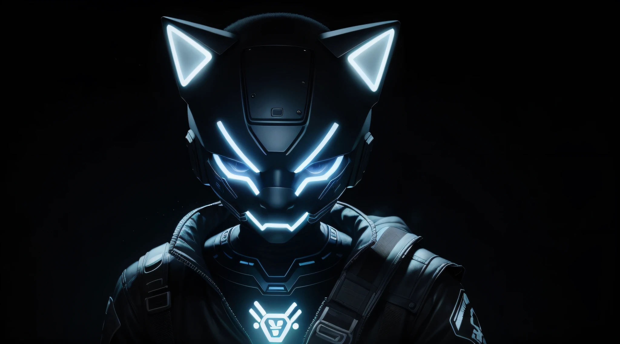 Character for PFP logo of a boy wearing a cybernetic LED mask, the LEDs on the mask form a cat