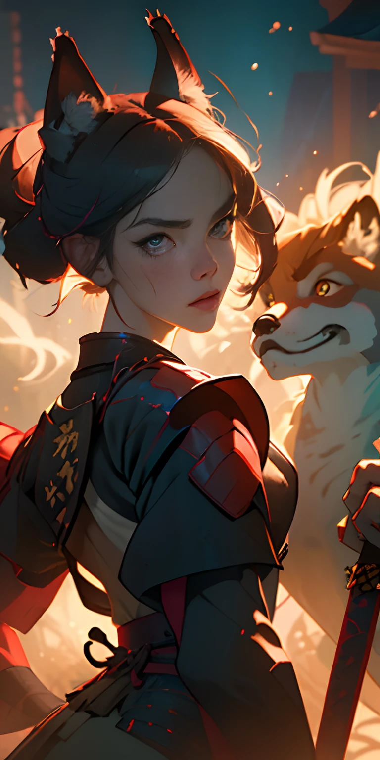 (best quality, masterpiece), 1girl, samurai, particle, wind, looking at viewer, fox ear, monsters in background, backlighting, upper body, pose