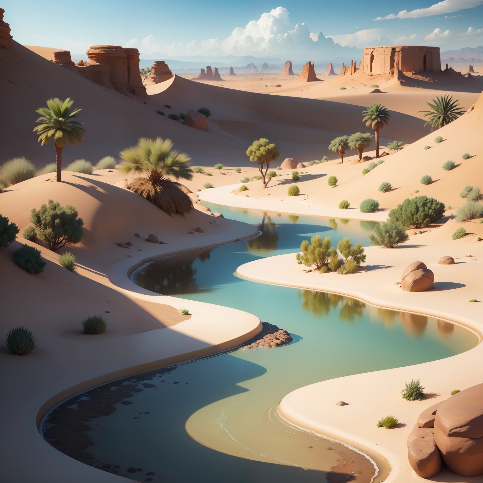 /imagine transforming the barren desert into a vibrant oasis, catoon style ,