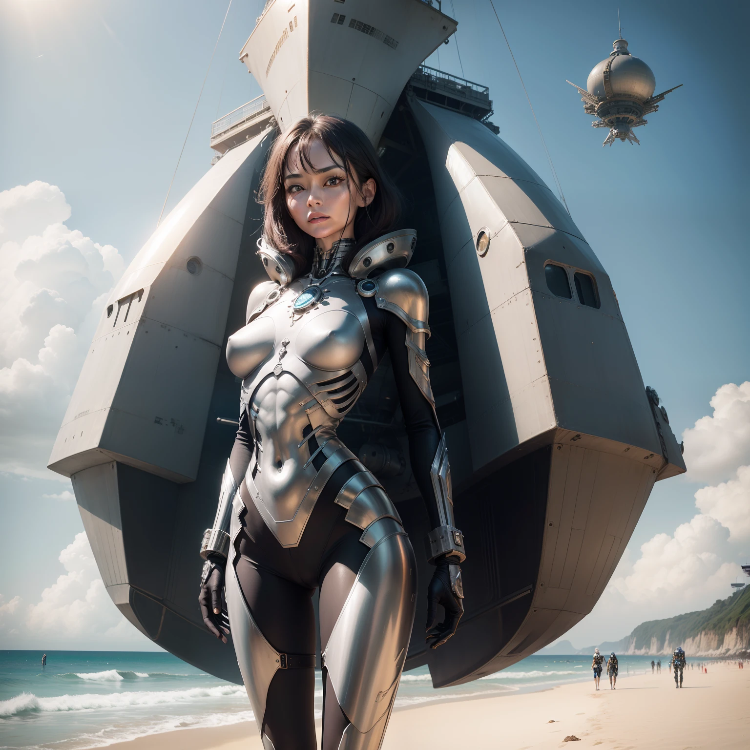 top-quality、delicated face、50-year-old woman、slim body、Metal body、Petite bust、Metal structural skeleton、sea side、Standing posture、the beach、huge spaceship floating in the air、cyberpunked、SF