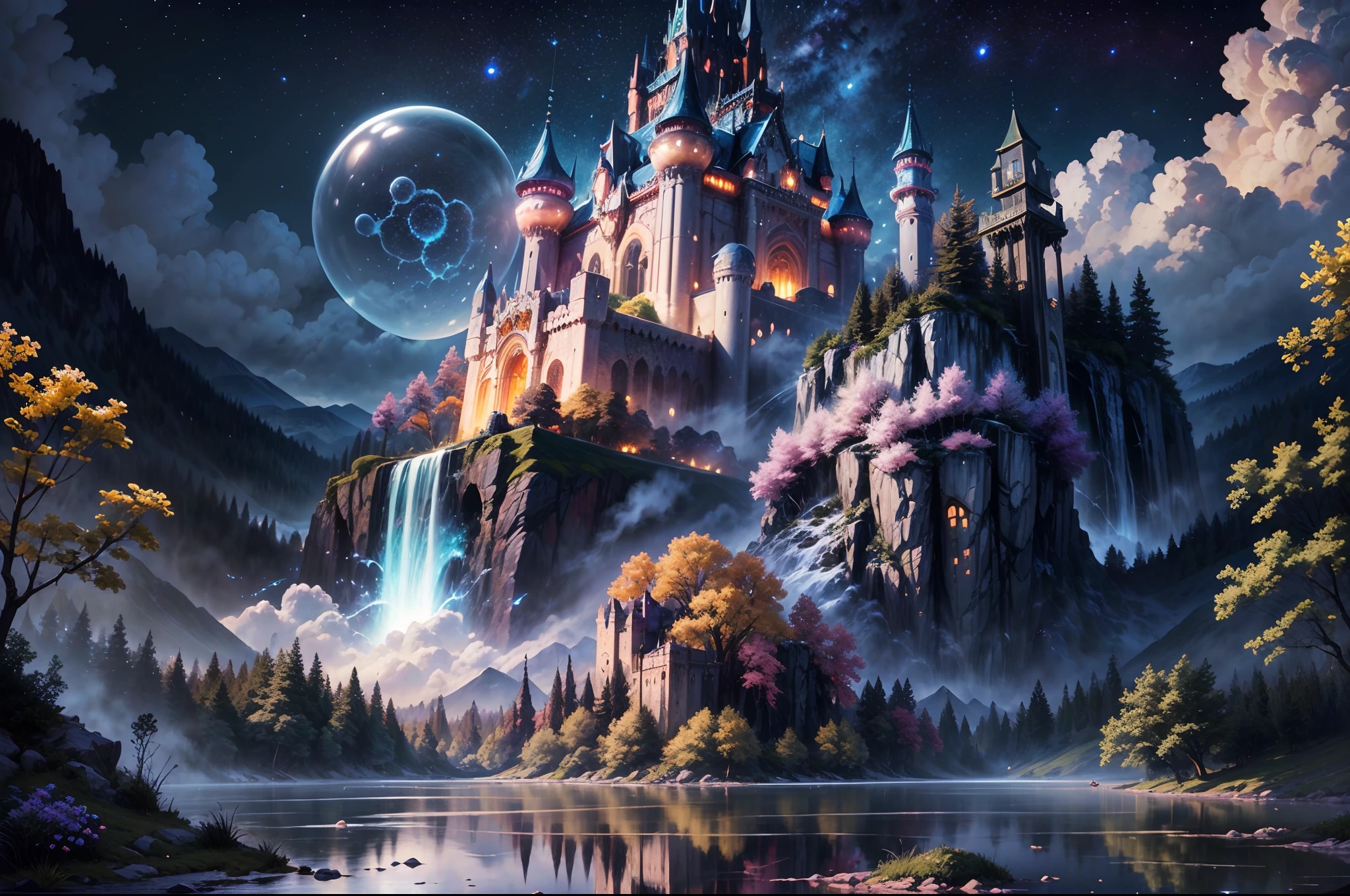 Generate a realistic (nighttime) fantasy landscape with beautiful, ornate romantic buildings, floating islands, crystalline waterfalls streaming from the floating islands, and a dreamy landscape of highly detailed flowers and dreamy watercolors. This is the (((romantic))) realm of the gods. (((The castles look like they are carved from shimmering marble, with distinct and complex details adding to their realism.))) Cotton candy clouds wisp into beautiful glittering stars across the colorful sky, with mesmerizing pink and purple celestial lights creating an enchanting atmosphere. Include many different levels and high visual interest. The environment is large and awe-inspiring, and this is a macro shot. The general ambience is peace, tranquility, and highly detailed sweetness. Include interesting fantasy elements with colors that complement the rest of the landscape. The sky should be very detailed. The landscape should very detailed. All buildings should be ornate with complex and intricate details. Include a luminous and magical atmosphere, magic bubbles, shimmering colors, many small fantasy details including iridescence, expertly created majestic landscapes, and shimmer and glimmer. Include lots of vibrant colors and vaguely surreal details. Camera: Utilize dynamic composition to create interest and excitement. CGI, unreal engine, unity engine, (((masterpiece))), high resolution, 8k, best quality, high quality, highres, 16, RAW, ultra highres, ultra details, finely detail, an extremely delicate and beautiful, extremely detailed, real shadow, anime, highly detailed painted, award-winning glamour painting, wonderful painting, art style, stylized