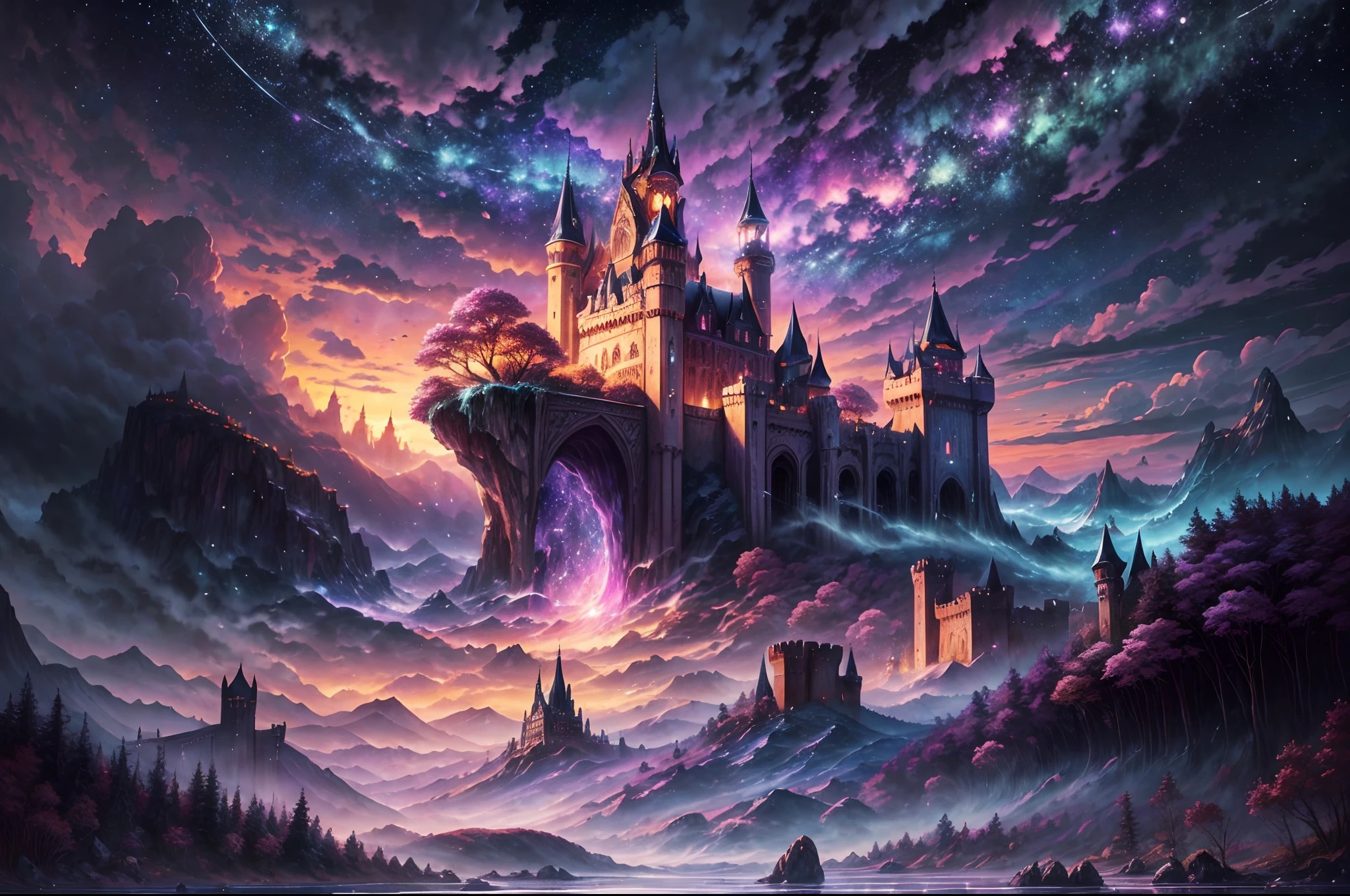 Generate a realistic fantasy landscape with beautiful, ornate romantic buildings, floating islands, crystalline waterfalls streaming from the floating islands, and a dreamy landscape of highly detailed flowers and dreamy watercolors. This is the (((romantic))) realm of the gods. (((The castles look like they are carved from shimmering marble, with distinct and complex details adding to their realism.))) Cotton candy clouds wisp into beautiful glittering stars across the colorful sky, with mesmerizing pink and purple celestial lights creating an enchanting atmosphere. Include many different levels and high visual interest. The environment is large and awe-inspiring, and this is a macro shot. The general ambience is peace, tranquility, and highly detailed sweetness. Include interesting fantasy elements with colors that complement the rest of the landscape. The sky should be very detailed. The landscape should very detailed. All buildings should be ornate with complex and intricate details. Include a luminous and magical atmosphere, magic bubbles, shimmering colors, many small fantasy details including iridescence, expertly created majestic landscapes, and shimmer and glimmer. Include lots of vibrant colors and vaguely surreal details. Camera: Utilize dynamic composition to create interest and excitement. CGI, unreal engine, unity engine, (((masterpiece))), high resolution, 8k, best quality, high quality, highres, 16, RAW, ultra highres, ultra details, finely detail, an extremely delicate and beautiful, extremely detailed, real shadow, anime, highly detailed painted, award-winning glamour painting, wonderful painting, art style, stylized