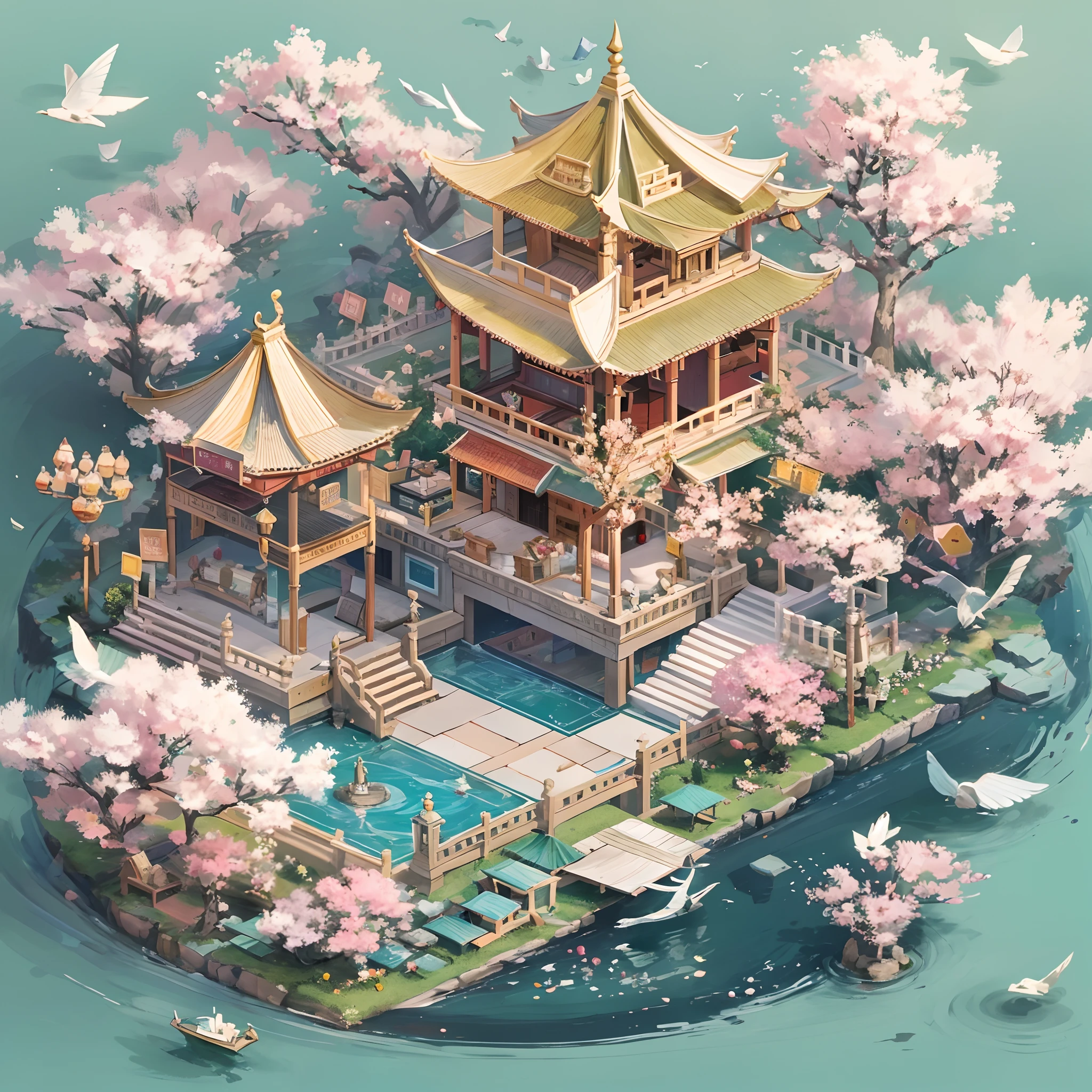 (Isometric animation,cold shades,Caustics,sharp-focus:1.3),China-style,mont,Eau,kiosk,house,White peach blossoms,clouds,peacock, Graphic illustration style,Sewing paper style,Auspicious clouds,Very convinced,