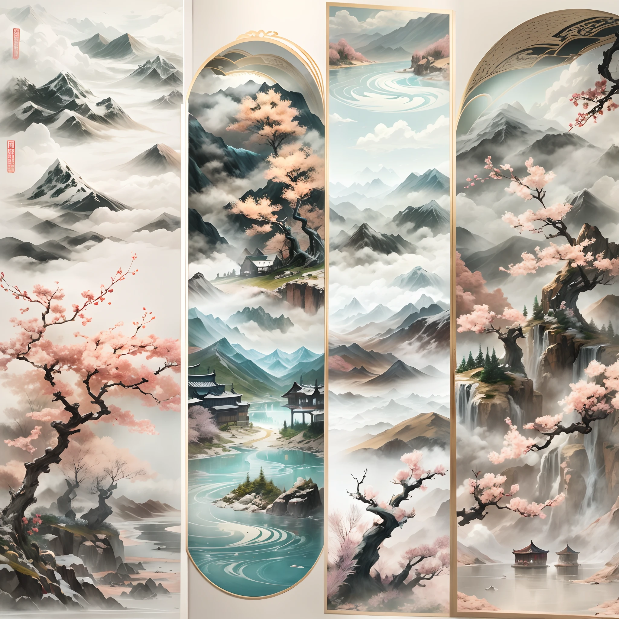 (in style of blown glass artwork ,cold shades,white backgrounid,Caustics,sharp-focus:1.5),China-style,mountain peaks,small stream,villages,farm land,White peach blossoms,white clouds,peacock, Graphic illustration style,Sewing paper style,Auspicious clouds,cold shades、