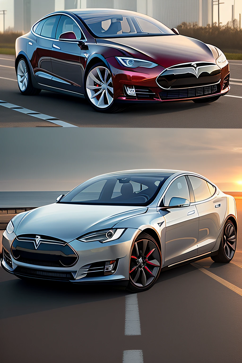 Duas fotos de um Tesla Model S e um Tesla S, tesla, carro tesla 3, Carro Tesla, Tesla Modelo 3, super realista", hiper realista ", hiper realista", ultra realista", ultra realista ", fotorrealista", fotorrealista ", cinematic front lightning, Tesla Police, com linhas elegantes e um poderoso, composto, tiro ambiental, ultra realistic rendering, hyperrealistic rendering