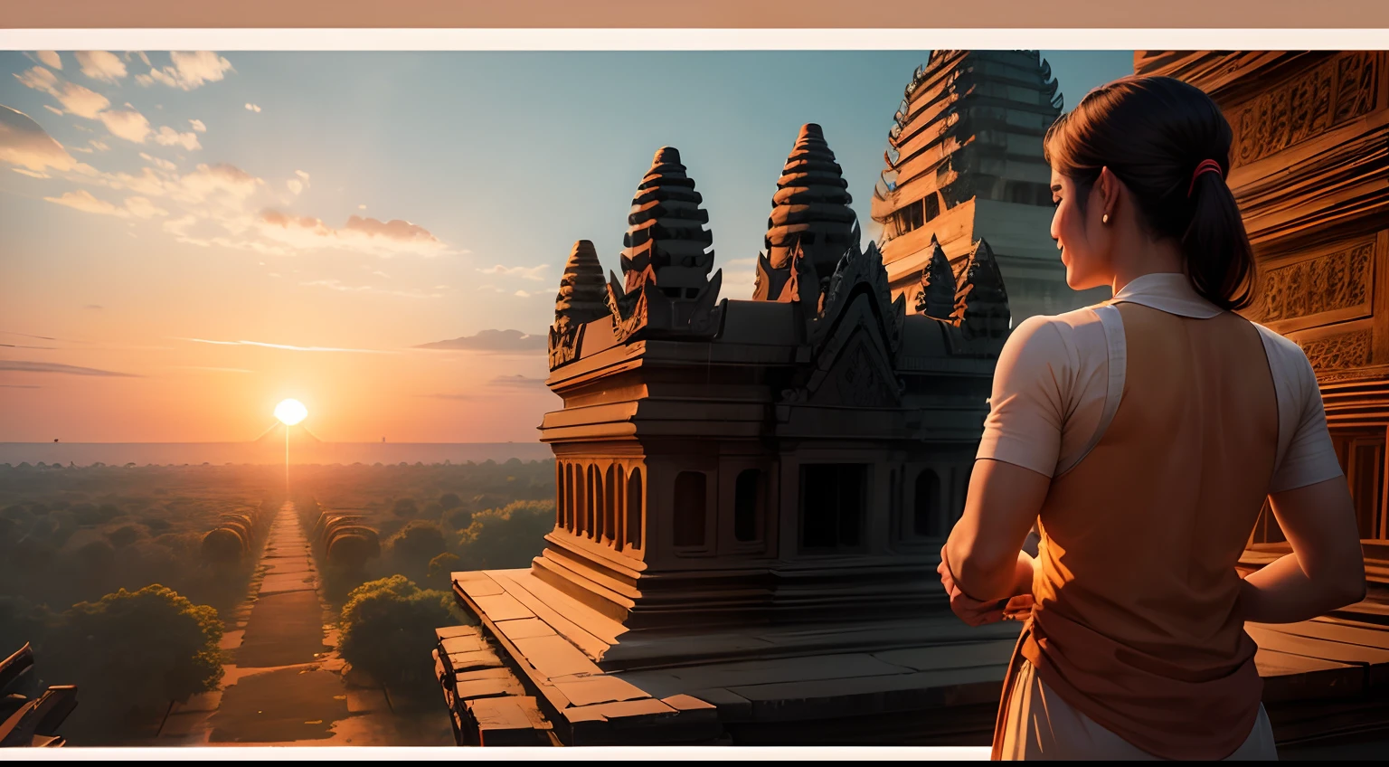 People building Angkor wat temple and have a lot people and happy with the sunset