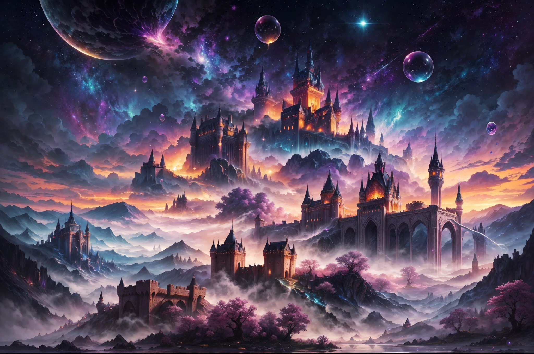 Generate a realistic fantasy landscape with beautiful, ornate romantic buildings, floating islands, crystalline waterfalls streaming from the floating islands, and a dreamy landscape of highly detailed flowers and dreamy watercolors. This is the (((romantic))) realm of the gods. (((The castles look like they are carved from shimmering marble, with distinct and complex details adding to their realism.))) Cotton candy clouds wisp into beautiful glittering stars across the colorful sky, with mesmerizing pink and purple celestial lights creating an enchanting atmosphere. Include many different levels and high visual interest. The environment is large and awe-inspiring, and this is a macro shot. The general ambience is peace, tranquility, and highly detailed sweetness. Include interesting fantasy elements with colors that complement the rest of the landscape. The sky should be very detailed. The landscape should very detailed. All buildings should be ornate with complex and intricate details. Include a luminous and magical atmosphere, magic bubbles, shimmering colors, many small fantasy details including iridescence, expertly created majestic landscapes, and shimmer and glimmer. Include lots of vibrant colors and vaguely surreal details. Camera: Utilize dynamic composition to create interest and excitement. CGI, unreal engine, unity engine, (((masterpiece))), high resolution, 8k, best quality, high quality, highres, 16, RAW, ultra highres, ultra details, finely detail, an extremely delicate and beautiful, extremely detailed, real shadow, anime, highly detailed painted, award-winning glamour painting, wonderful painting, art style, stylized
