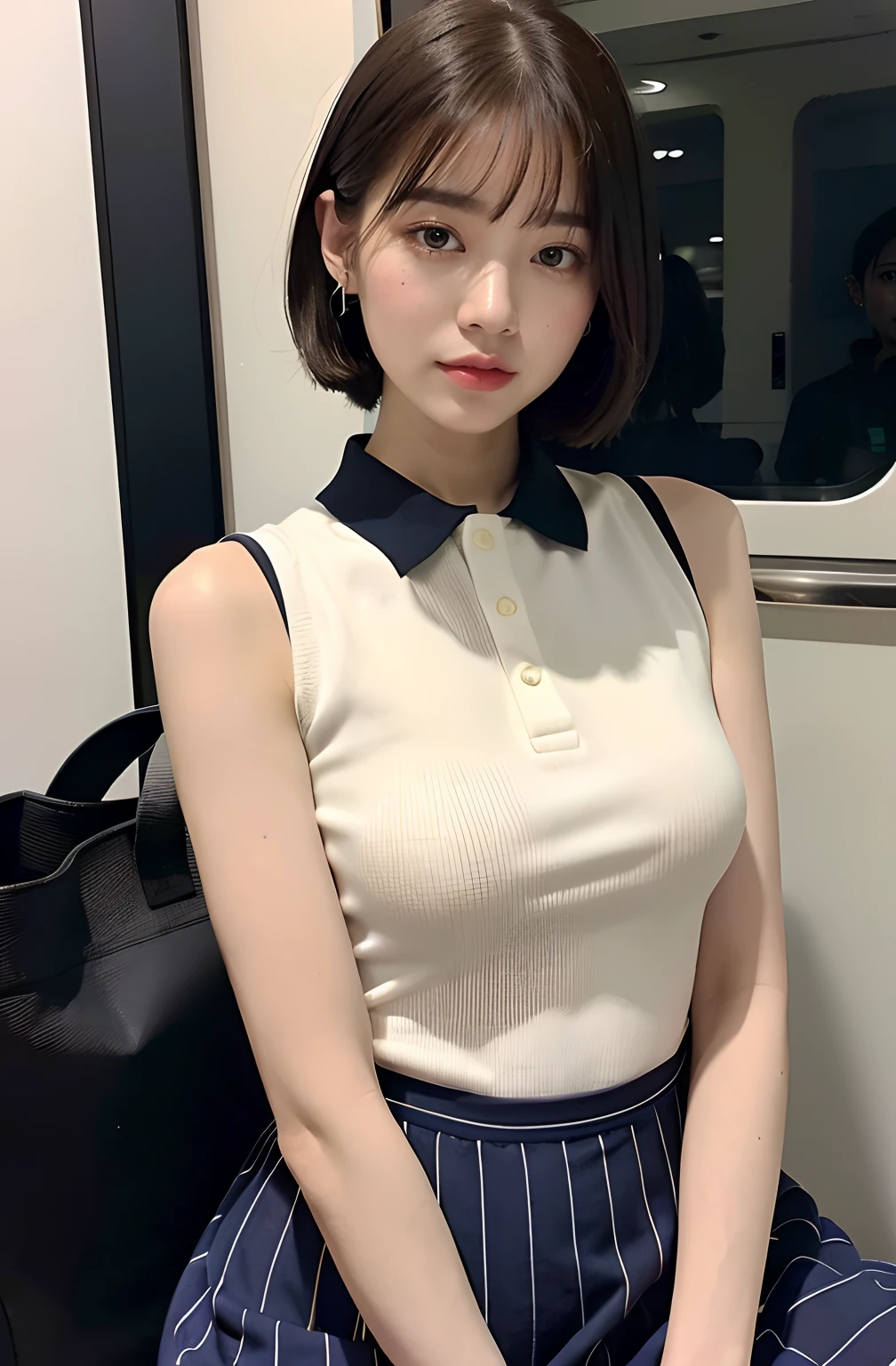 ((8K)、top-quality、masterpiece、超A high resolution:1.2)Photo Beautiful Japan woman(pleasing:1.1) Elegance、There is a good、Transparent atmosphere、Beautiful face、Gradient lighting、1girl in、Delicate skin、Look into the distance、Brown-eyed、(short hair with bangs:1.2)、( are large:1.0)、(medium areola:realisitic:1.4)、(top-quality:1.0)、(超A high resolution:1.0)、8K、Raw photography、(masterpiece:0.2)、(pureerosface_v1:0.5)、Contrast Trim Polo Neck Bodycon Dress、Onepiece、Polo shirt style dresses、Super Mini Length、the skirt is short、Futomo、cotton clothes、Mini dress、Collared dress、no sleeves、Sleeveless、The clothes are dark blue and the collar is white、Tight silhouette、Super mini skirt length、Ralph lauren、want me、Take your eyes off、JR Yamanote Line at night、on train、by the window、erect throughl darkness、subject、Lean、Look here、tote bags、deep in the night、Ass big、Kinda chub