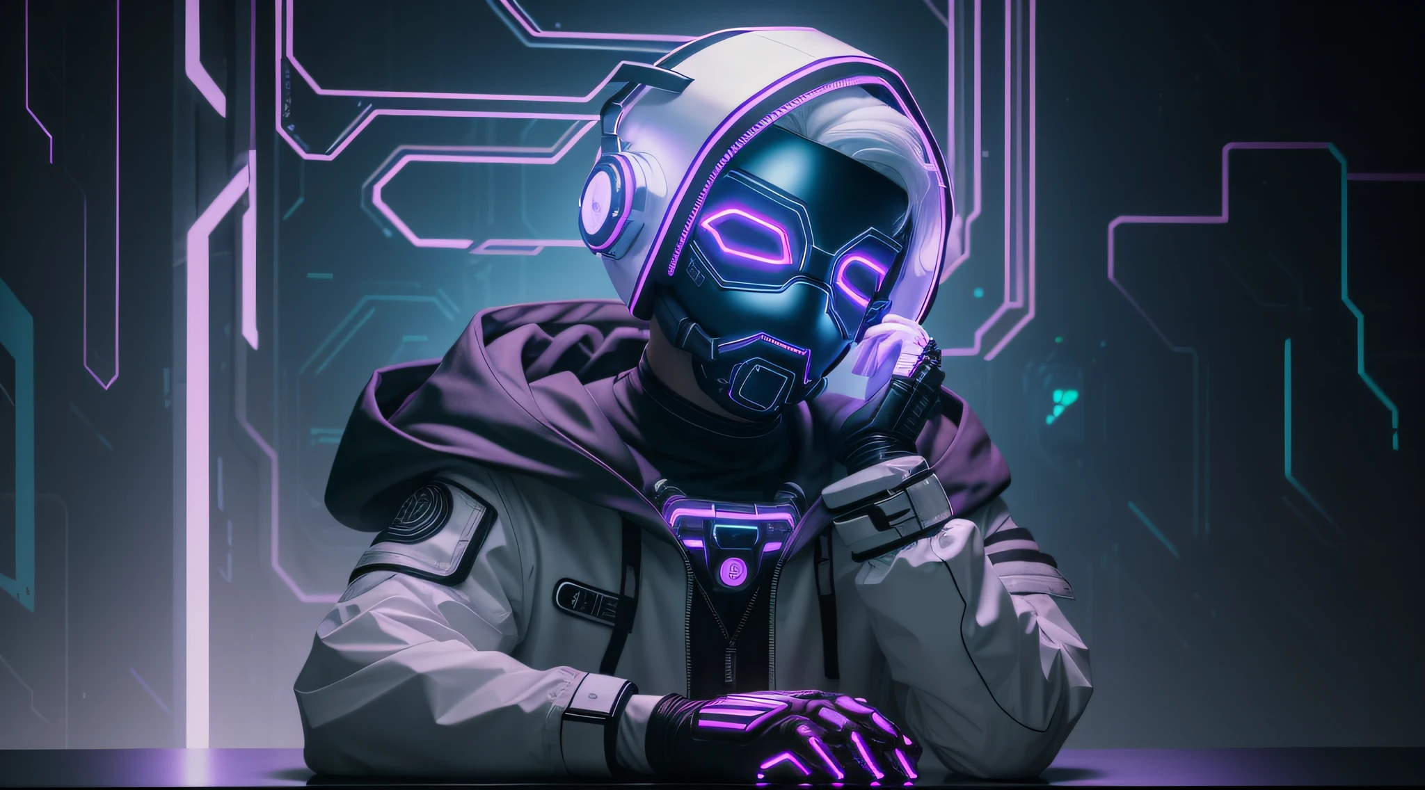 (awesome scene) hooded boy wearing cybernetic led mask with medium hair with white hair sash in his hair on a table as if he were on a camera podcast positioned below the shoulder line and the boy with the gloved hand on the chin and background of a cyber punk cyber city