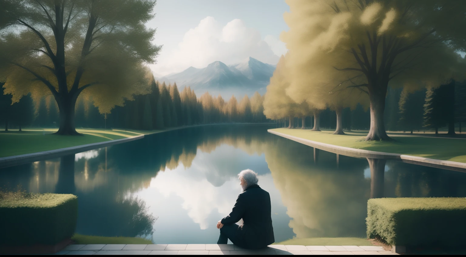 UM HOMEM VELHO BONITO, COM CABELOS GRISALHOS, PENSANDO, SITTING IN A BEAUTIFUL SQUARE FULL OF LAKE TREES AROUND CLOUD BEAUTIFUL LANDSCAPE, MELHOR QUALIDADE