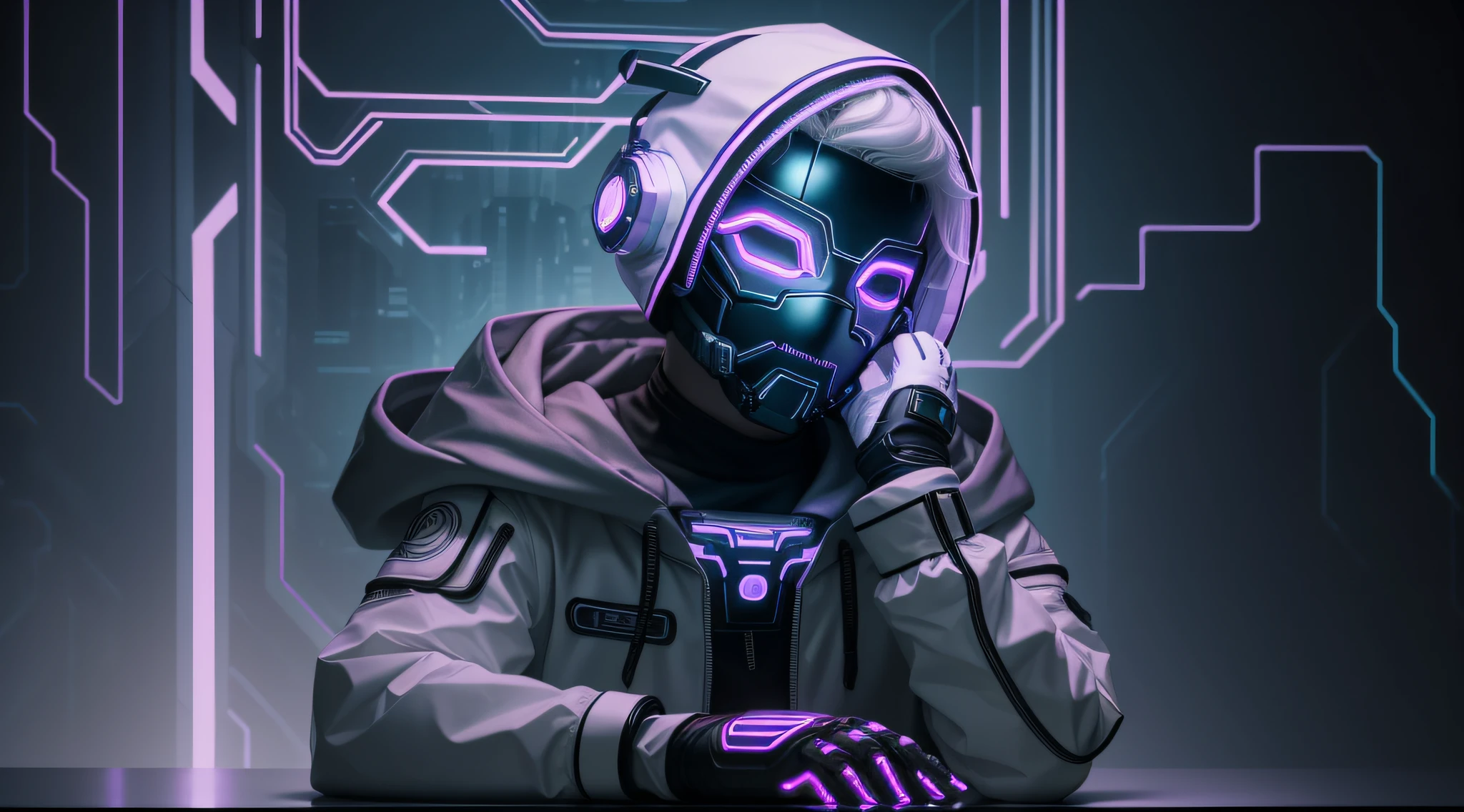 (awesome scene) hooded boy wearing cybernetic led mask with medium hair with white hair sash in his hair on a table as if he were on a camera podcast positioned below the shoulder line and the boy with the gloved hand on the chin and background of a cyber punk cyber city