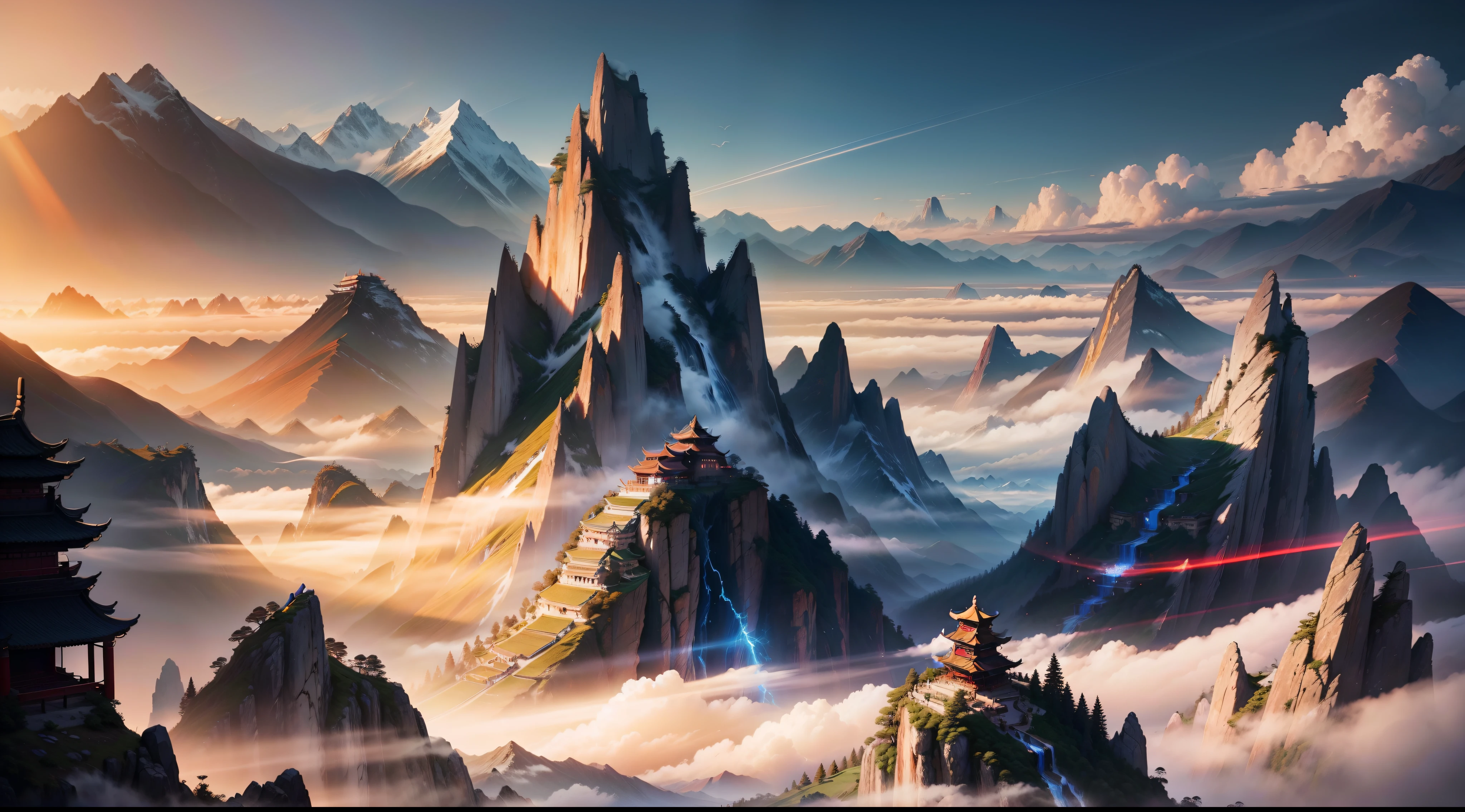 Ancient Chinese landscapes,mountain ranges,Auspicious clouds,rays of sunshine,Majestic,tmasterpiece,super detailing,Epic composition,hyper HD,high qulity,extremely detaile,offcial art,Unity8k wallpapers,super detailing,32k -- v 6