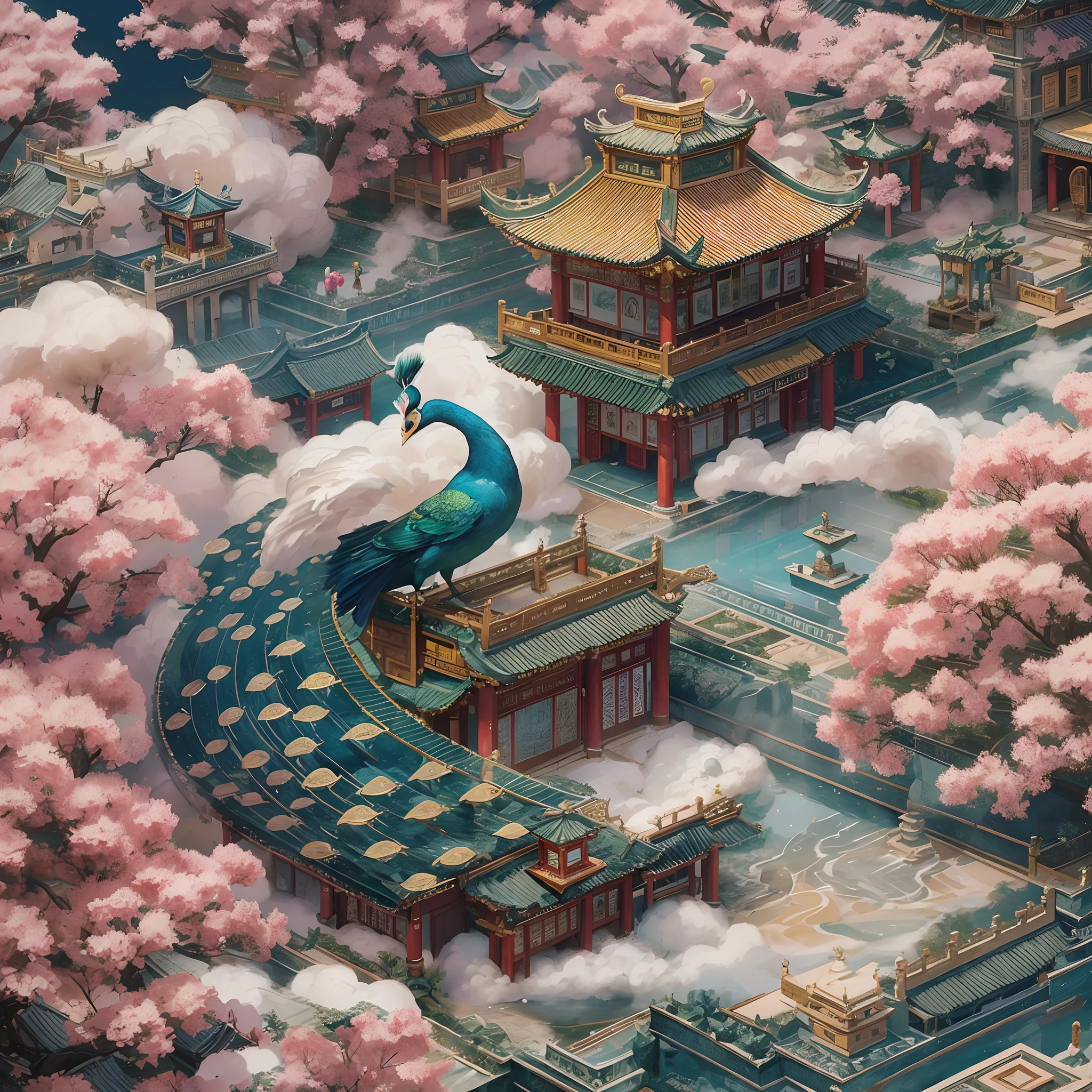 （Isometric animation,macro shot，blurryforeground，cold shades，The background is blurred out，sharp-focus:1.3），China-style，mont，Eau，kiosk，house，clouds，peacock， Graphic illustration style，Sewing paper style，Auspicious clouds，exquisite detailing，Graphic illustration style，insanely detailed and intricate, hypermaximalist, elegant, ornate, hyper realistic, super detailed