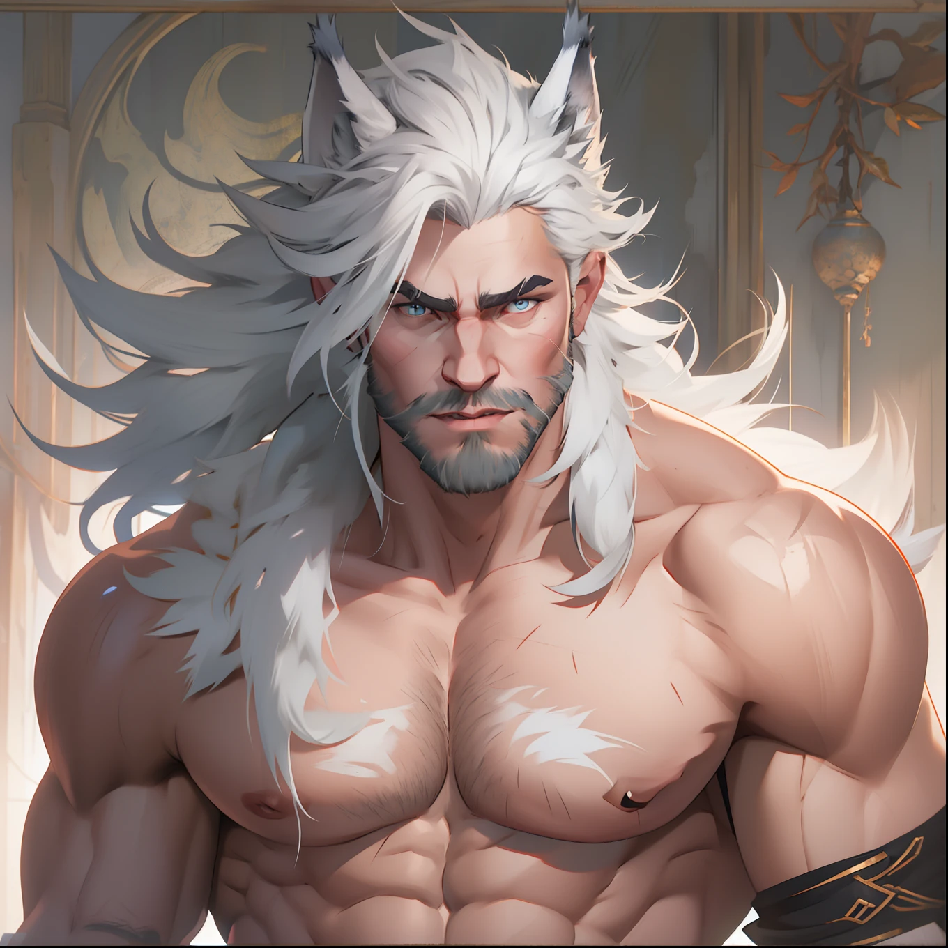 muscular Male with light beard, flowing white hair, has wolf ears, has wolf tail, shirtless, playful, solo, alone, has goofy look on his face, himbo