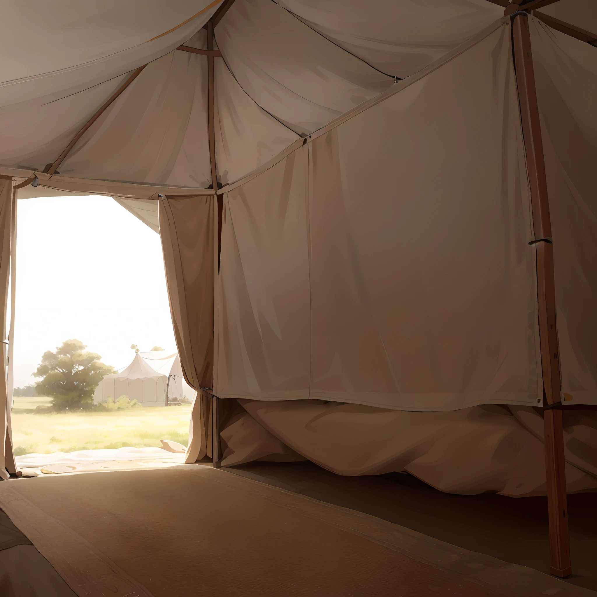 There is a tent with large windows and beds in it., Antique interior tent background, Inside the tent, Tent Architecture, tent, Glamping Site, Inside the circus tent, Ambient display, Wide angle with detail, Soft natural light, Beautiful Arcanum backdrop, Soft natural volumetric light, Natural exterior light, rural, Soft light atmosphere, Detailed natural light