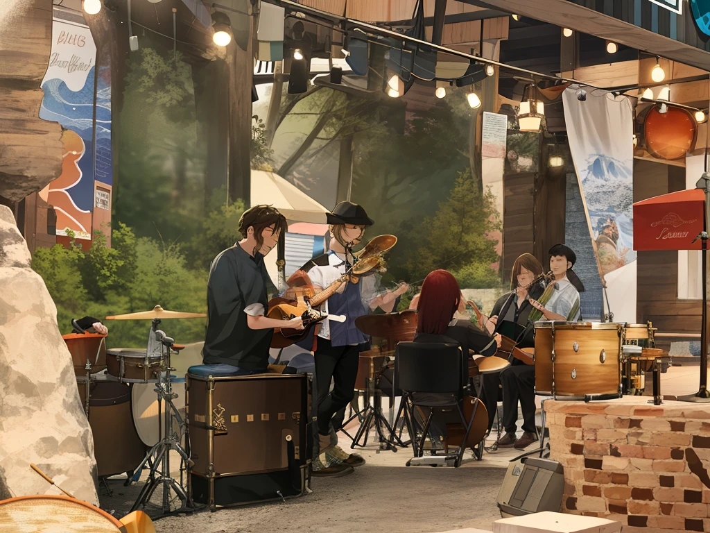 People gather inside the camping-style restaurant,Beautiful music comes from the band's performance,A player plays the keyboard,A drummer plays a drum kit,Live performances show the INS atmosphere。Musicians skillfully play their instruments,The scene is vivid and rich。In a warm and joyous atmosphere,Each note evokes a feeling of relaxation。