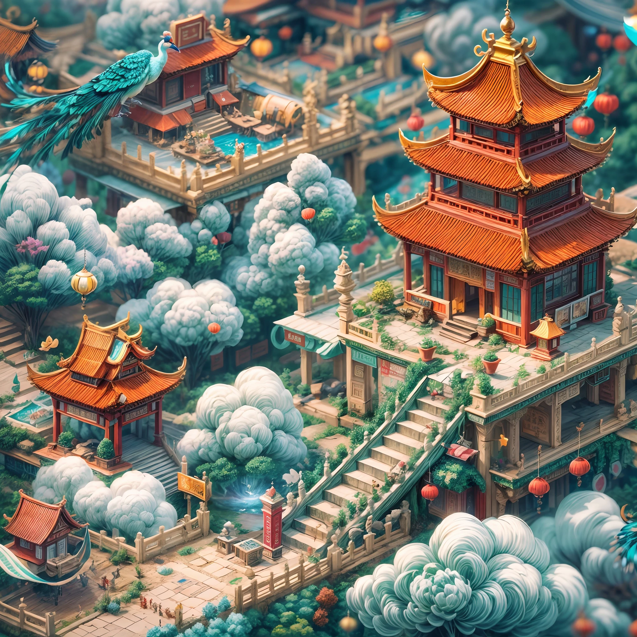 Isometric animation,macro shot,blurryforeground,The background is blurred out,sharp-focus,China-style,mont,Eau,kiosk,house,Auspicious clouds,peacock, Graphic illustration style,Sewing paper style,Auspicious clouds,exquisite detailing,Graphic illustration style,insanely detailed and intricate, hypermaximalist, elegant, ornate, hyper realistic, super detailed