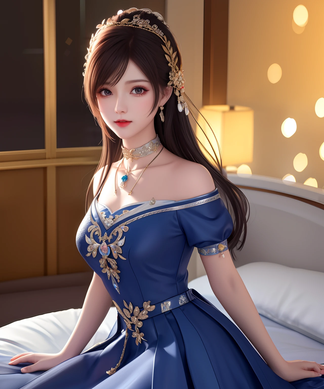 best qualtiy,tmasterpiece,A high resolution,1girl,Porcelain skirt,hair adornments,choker necklace,jewely,beautiful face,,on top of the bed,dingdall effect,realisticlying,dark studio,edge lit,twotonelighting,(highdetailskin:1.2),8k uhd, dslr, softlighting, high high quality, volumettic light, sneak shot, photore, A high resolution, 4k, 8k, Background bokeh,