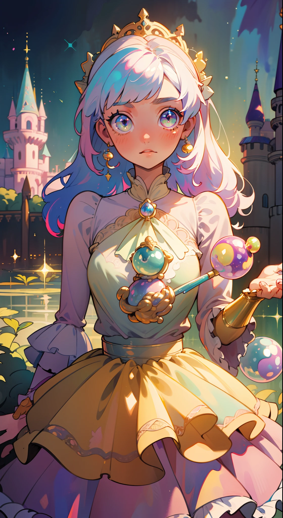 masterpiece, best quality, 8k resolution, sharp focus, intricate detail, beautiful girl, sparkling eyes, golden ratio face, otherworldly liquid, watercolor, pastel colors, bright colors, whimsical, colorful, sharp focus, high resolution, fine detail, princess layered ballgown, ((round eyes)), iridescent bubbles, castle landscape in background
