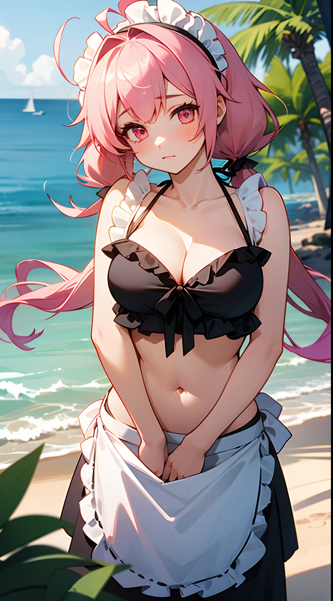 1 girl, game CG, black string bikini with sleeveless frills, cleavage visible, navel visible, maid's hair accessory, maid's small apron, gigantic breasts, pink hair, long hair, low twintails, princess hairstyle, ahoge, pink eyes, sea, sandy beach, trees,