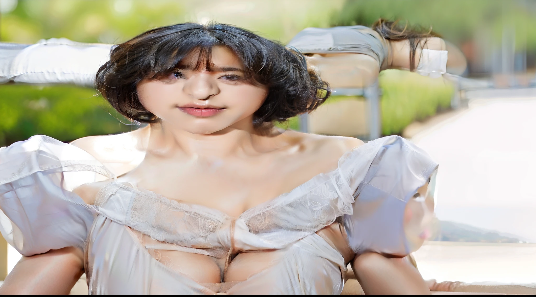 Best quality, 1 girl, cleavage, Beautiful detailed eyes, Beautiful detailed face, short cut, (鎖骨: 0.522), (Lips: 0.607), (Bare shoulders: 0.676), Solo, (View viewer: 0.671),Expose