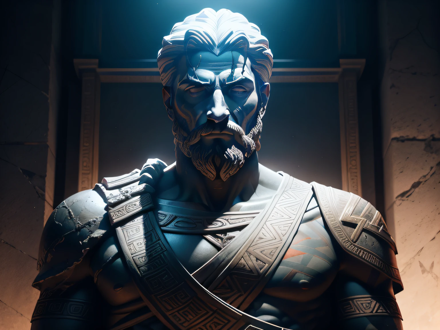 Generate a cinematic 8K representation of an ancient Greek philosopher from around 250 BC, sculpted as a statue and placed within a scene inspired by the visual style of 'God of War'. Surround the statue with an aura of enigmatic darkness, punctuated by powerful lighting and shadows that invoke an epic and adventurous atmosphere.